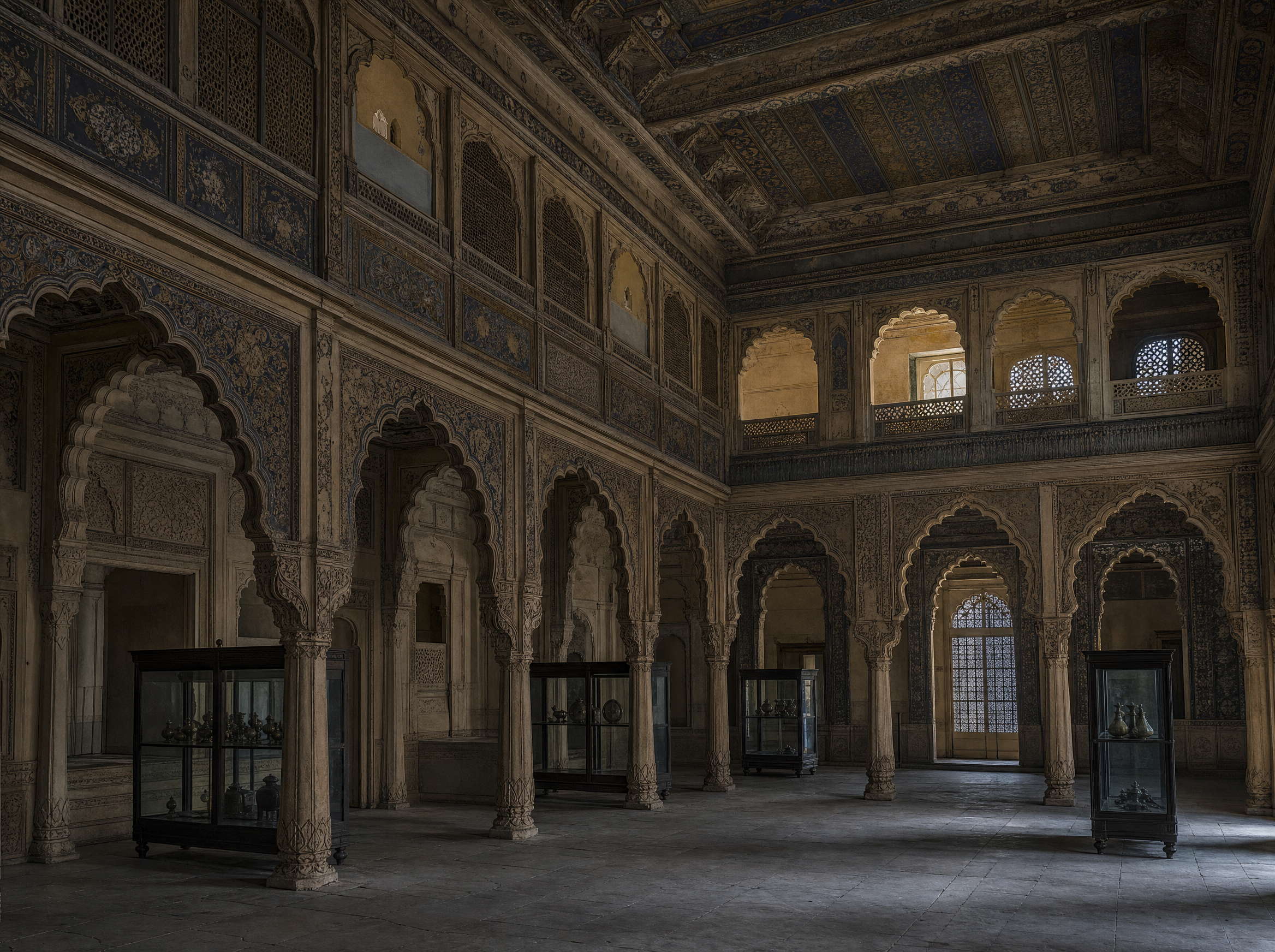 A high museum hall under a painted and coffered ceiling, cusped arches above the display cases