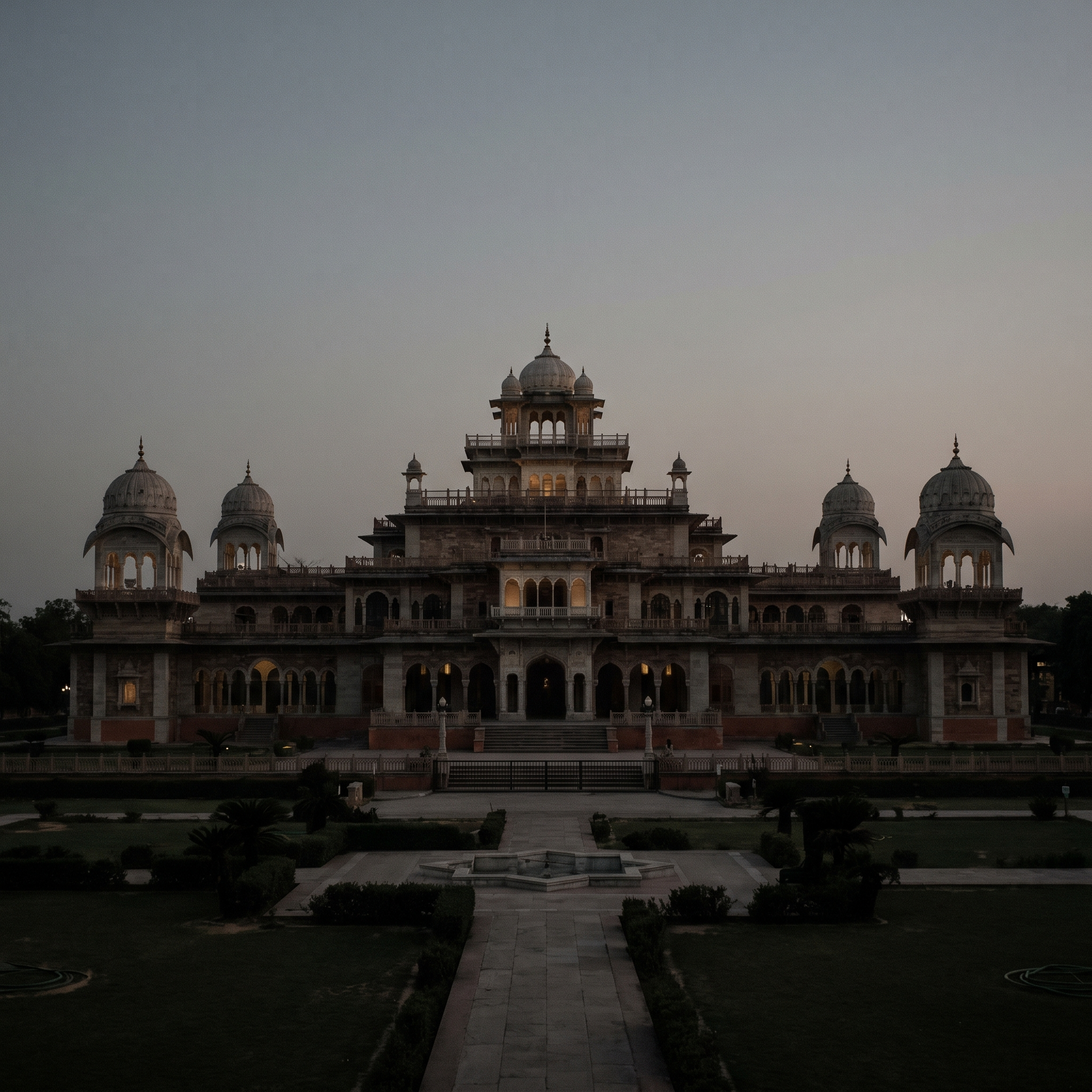 The museum standing in the formal garden at dusk