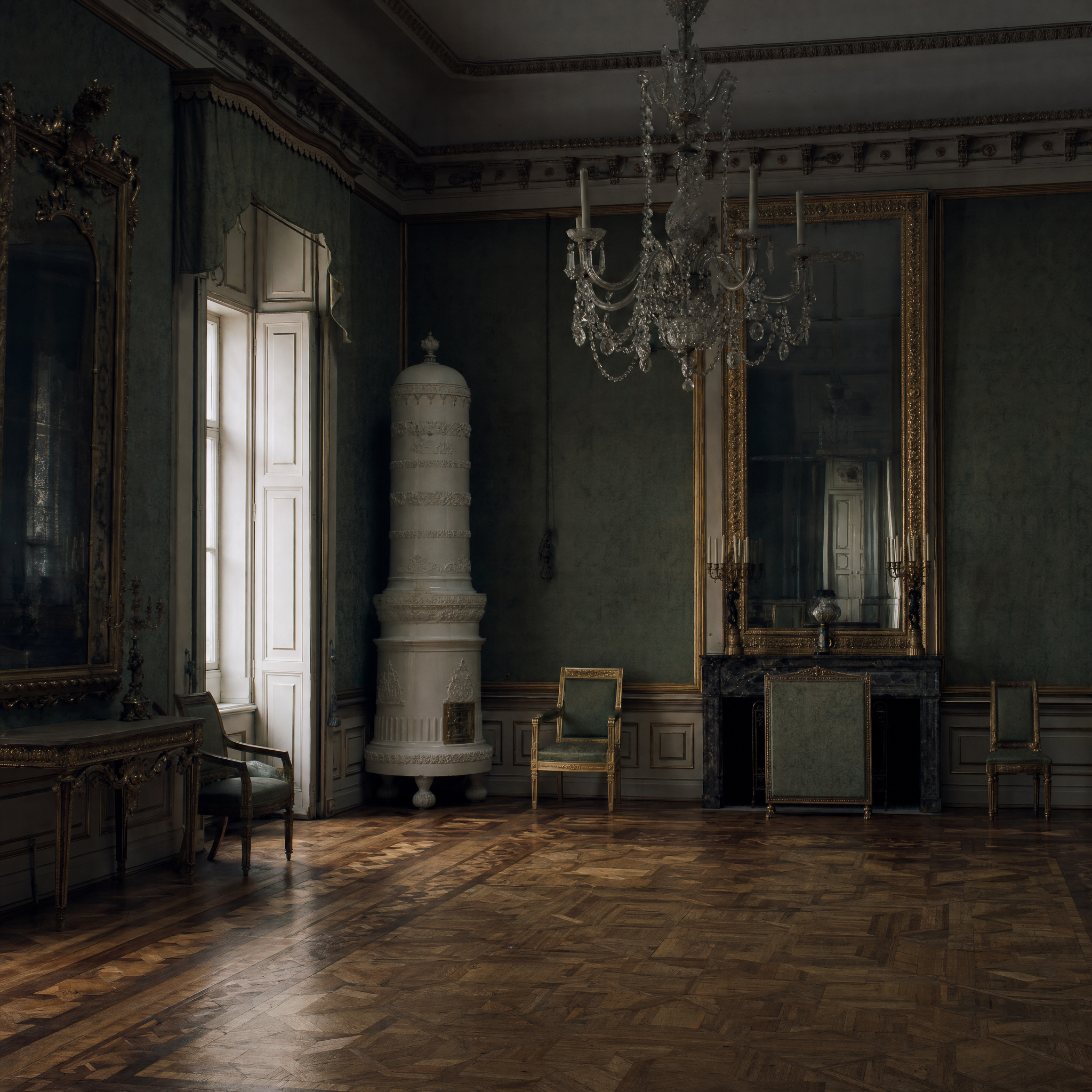 An empty Habsburg state room: silk walls, a tall ceramic stove, unlit chandelier and parquet marquetry in flat winter daylight