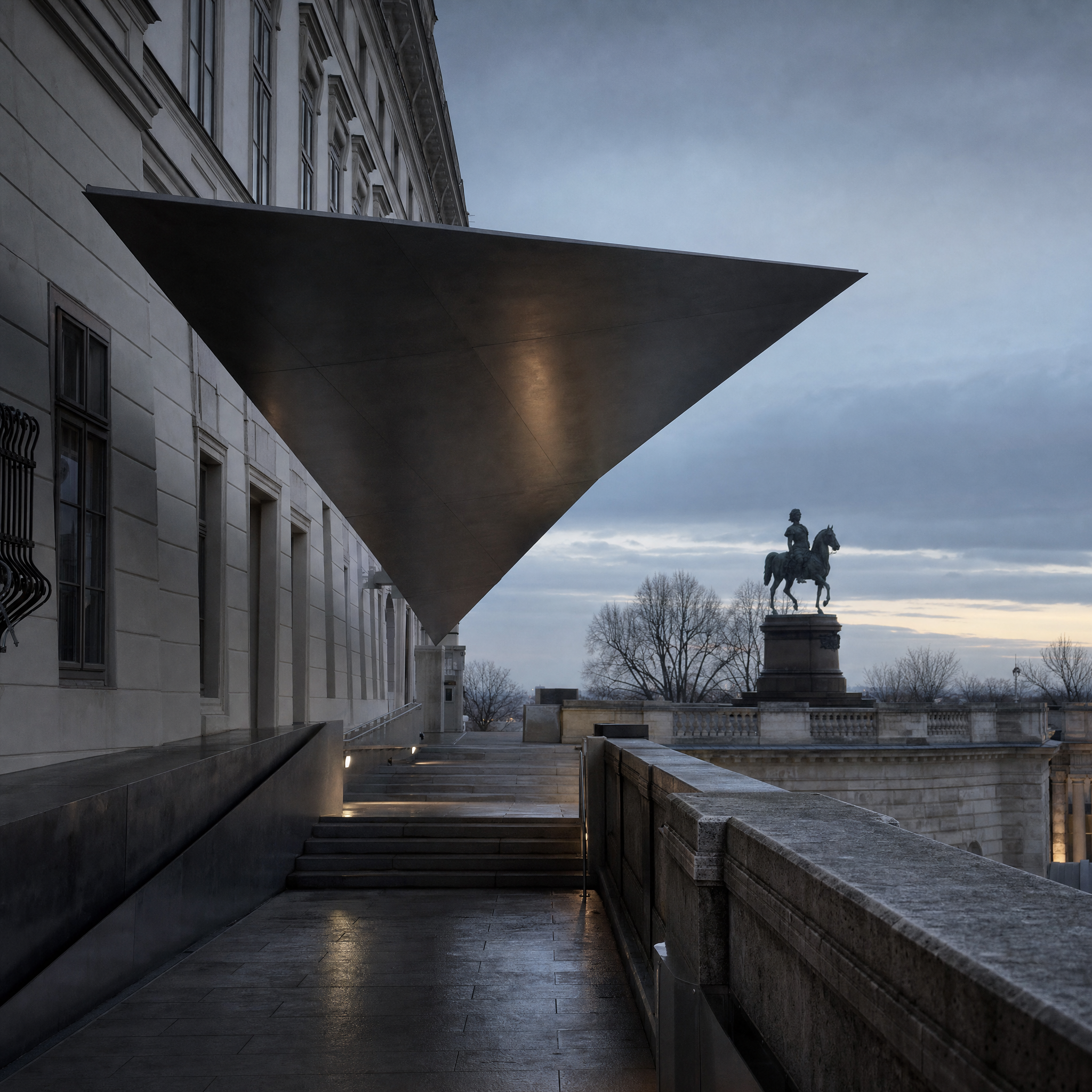 The covered approach ramp and terrace on the old bastion, seen against the pale facade at dusk
