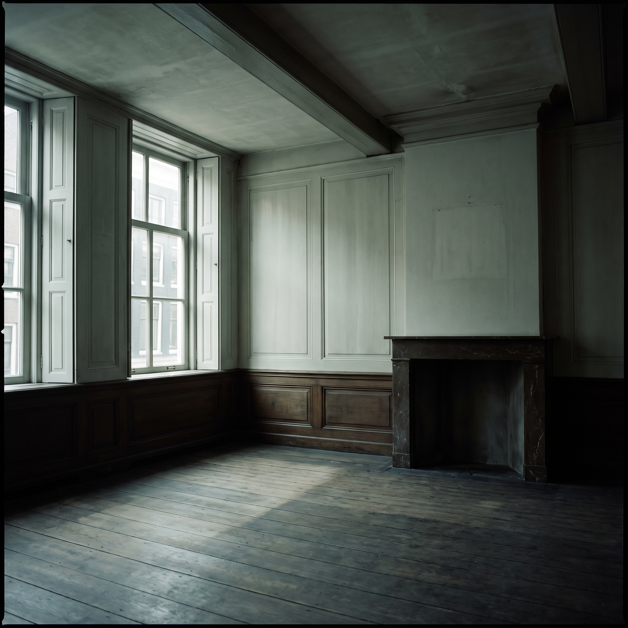 An empty panelled room in an Amsterdam canal house, cool daylight from tall shuttered windows