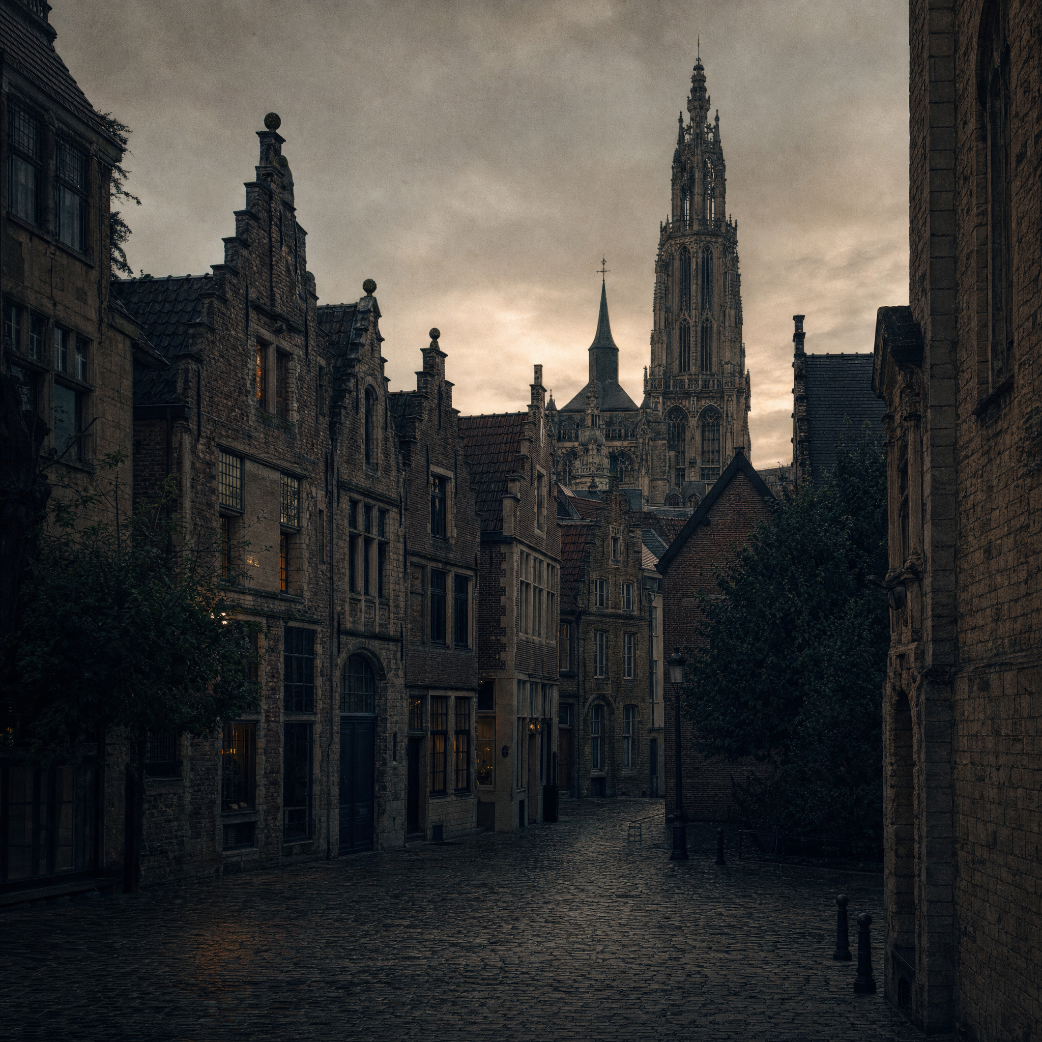 A narrow cobbled Antwerp street of stepped-gable brick houses under flat grey light