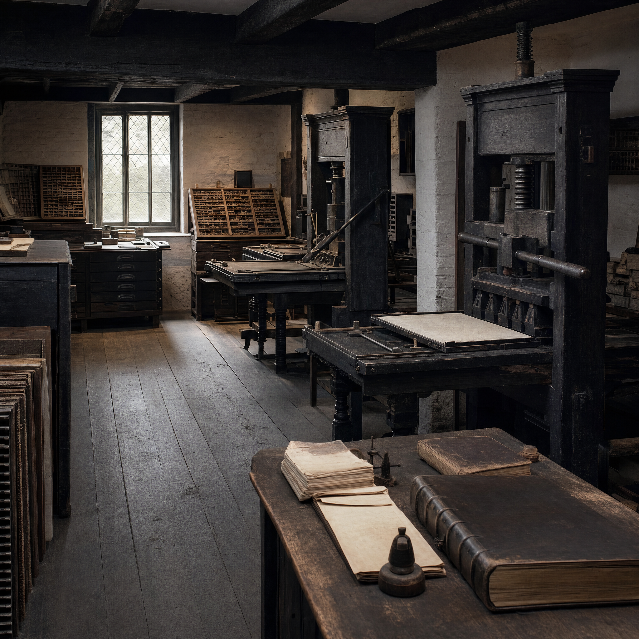 Wooden type cases and blackened hand presses in a preserved printing house, cool daylight from a leaded window