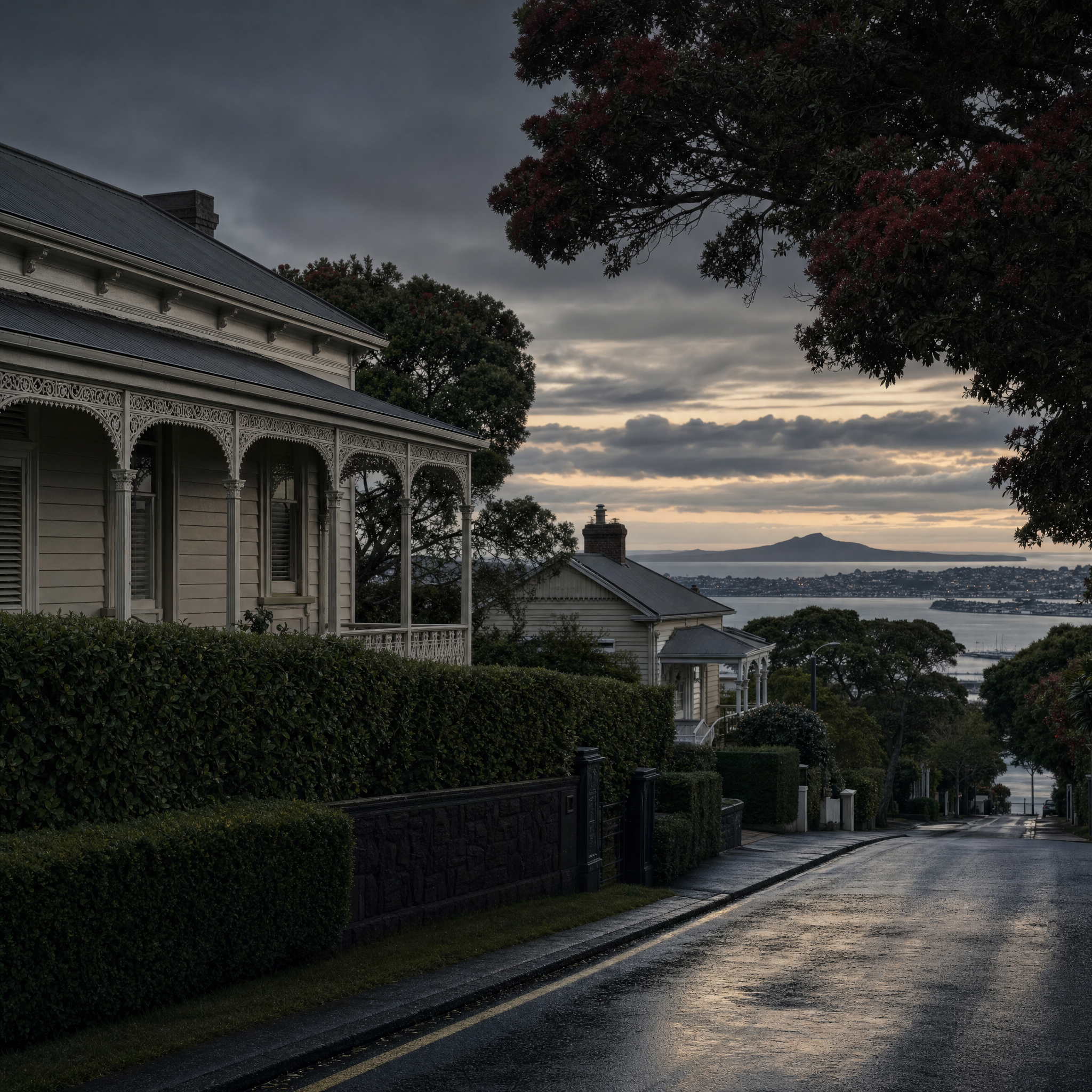 A quiet Auckland street at dusk, timber villas with deep verandahs behind clipped hedges and a low volcanic cone on the horizon