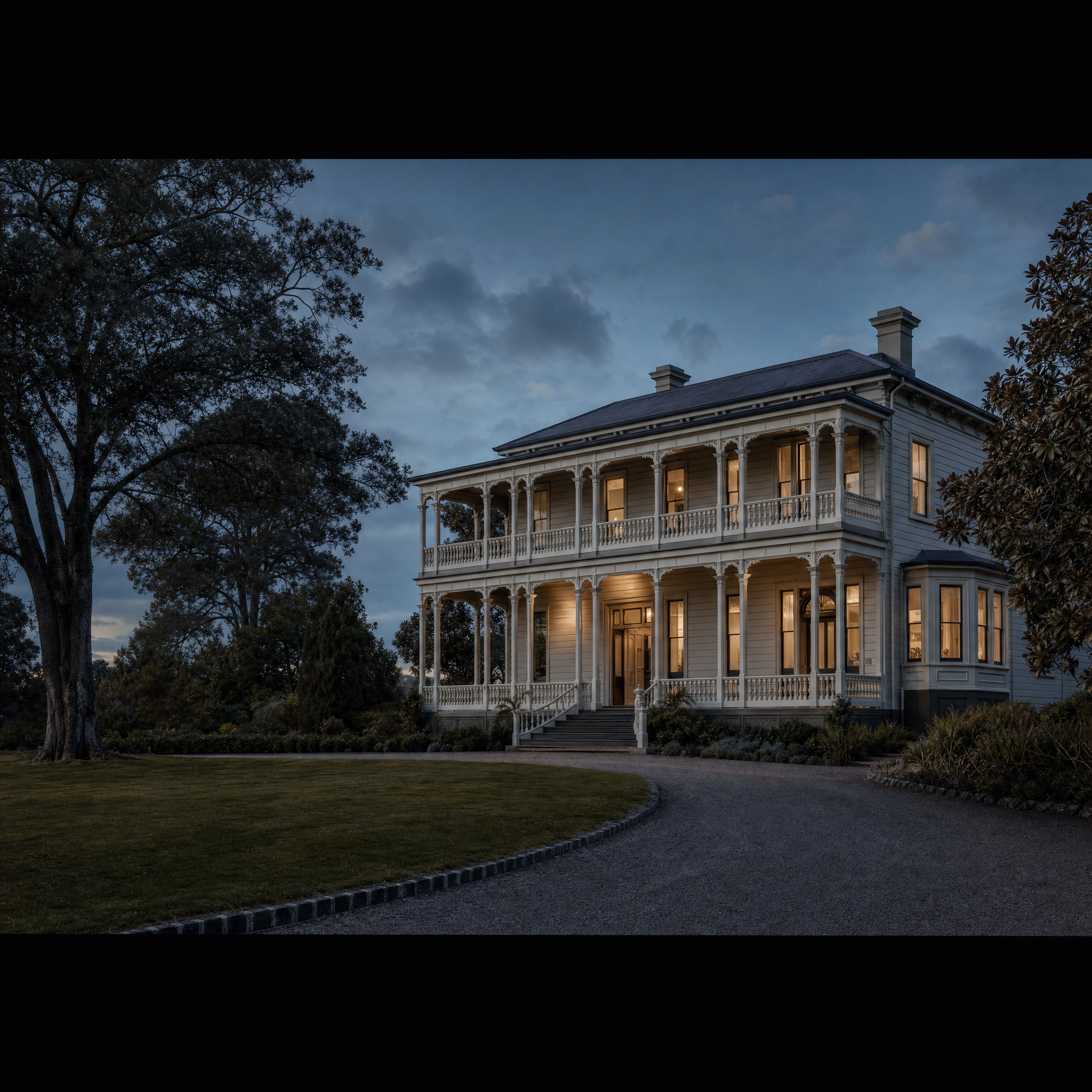 A nineteenth-century colonial timber house at twilight, wide verandah with turned posts and tall sash windows above a gravel drive