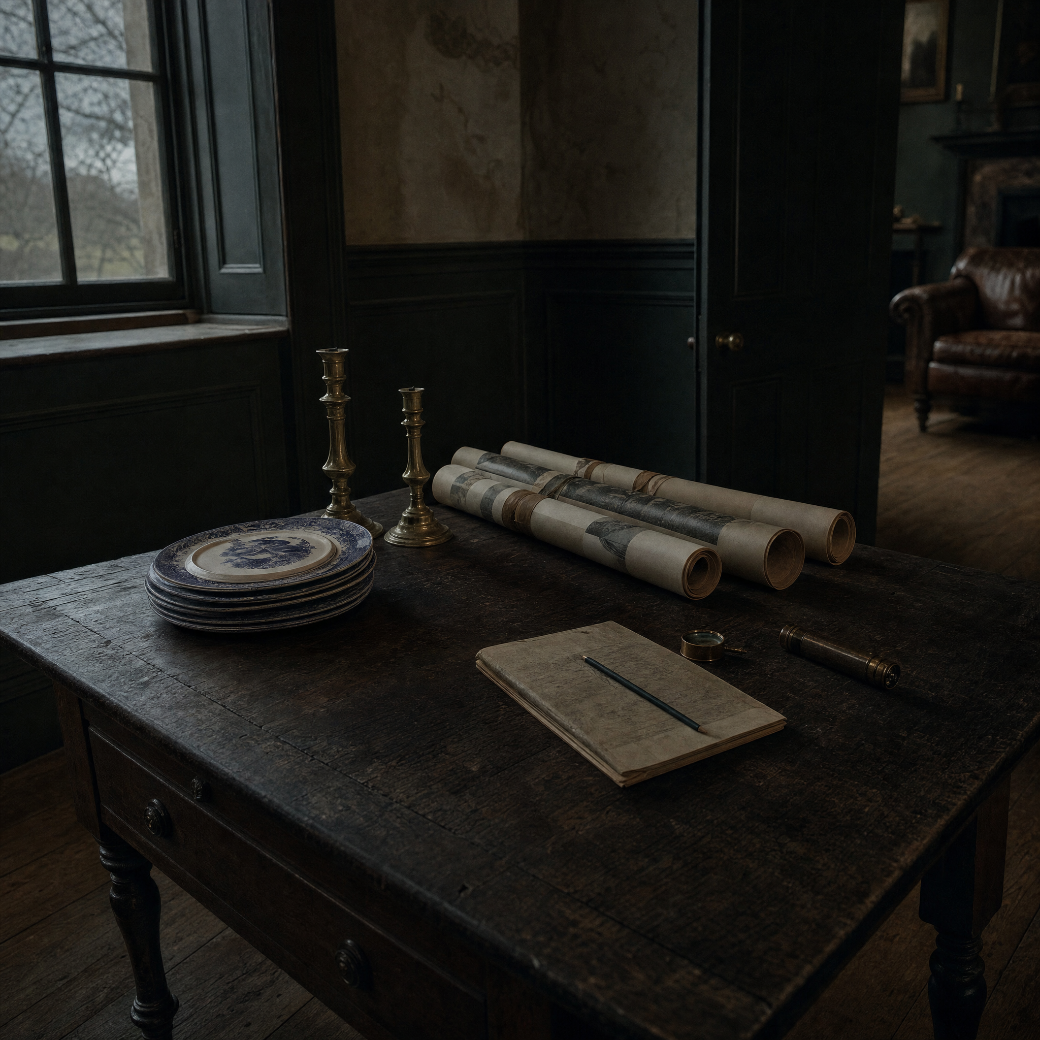 Objects brought home from a country sale laid out on a dark oak table at dusk