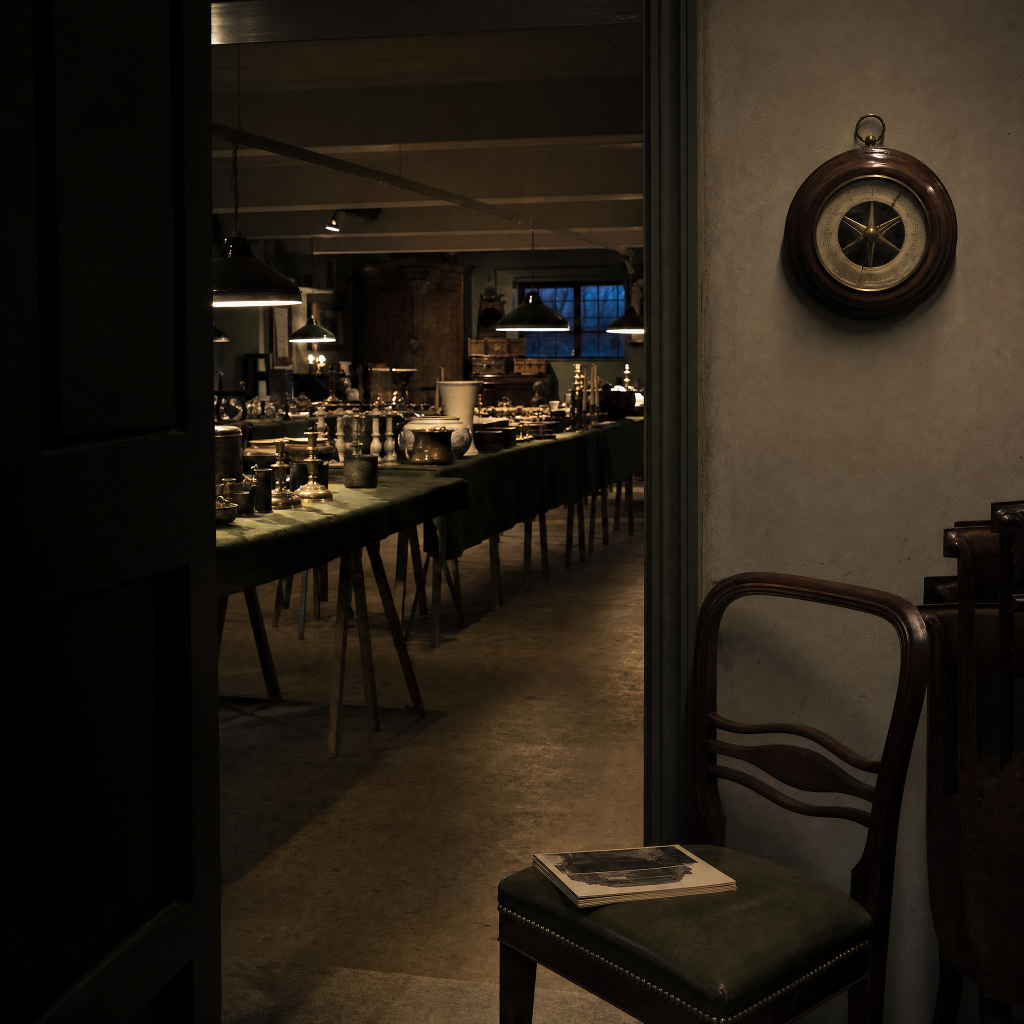 Lots laid out on trestle tables in a country saleroom on viewing day, a barometer hanging alone on the wall by the door