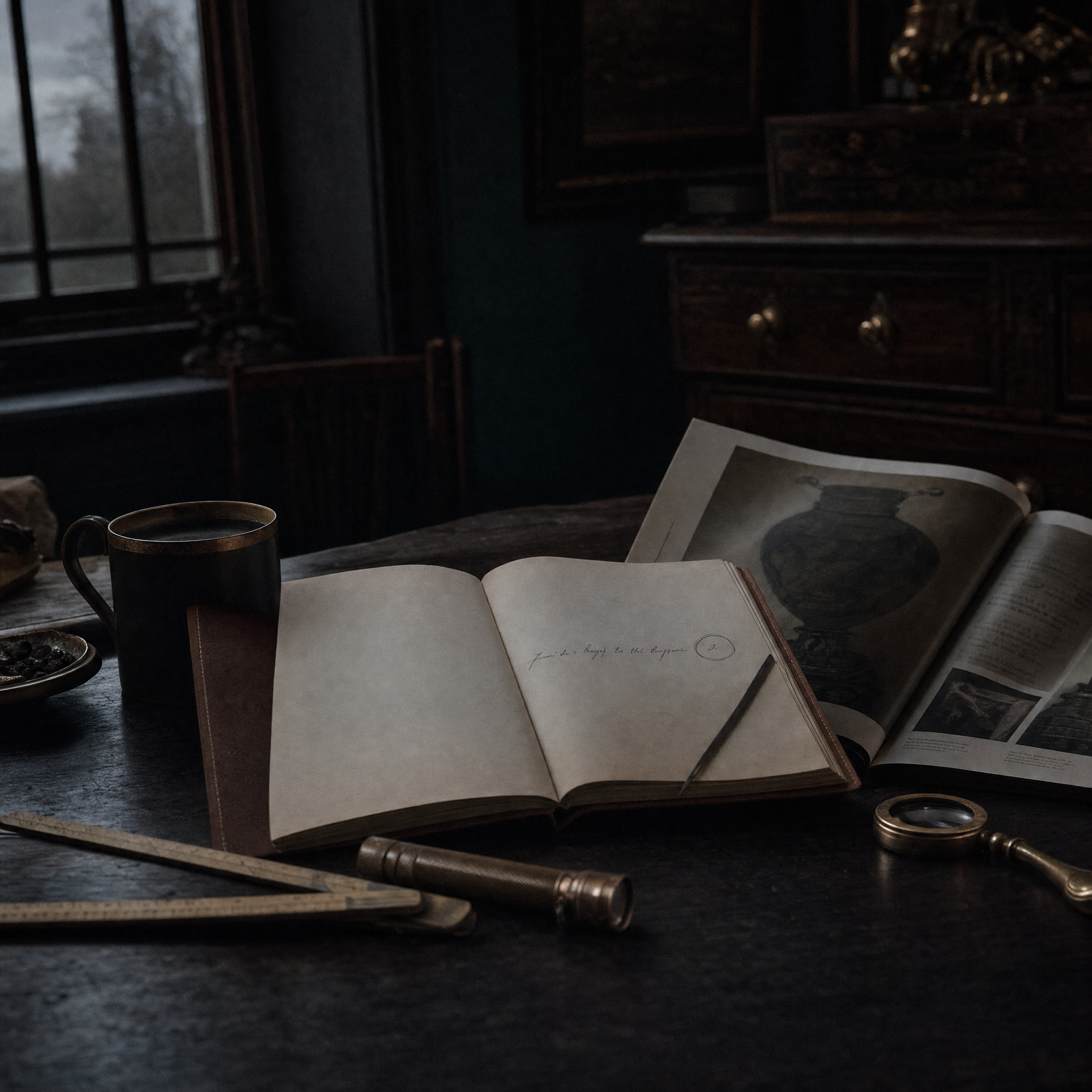 An open notebook with a figure circled in pencil, beside an open catalogue, a loupe, a torch and a folding rule