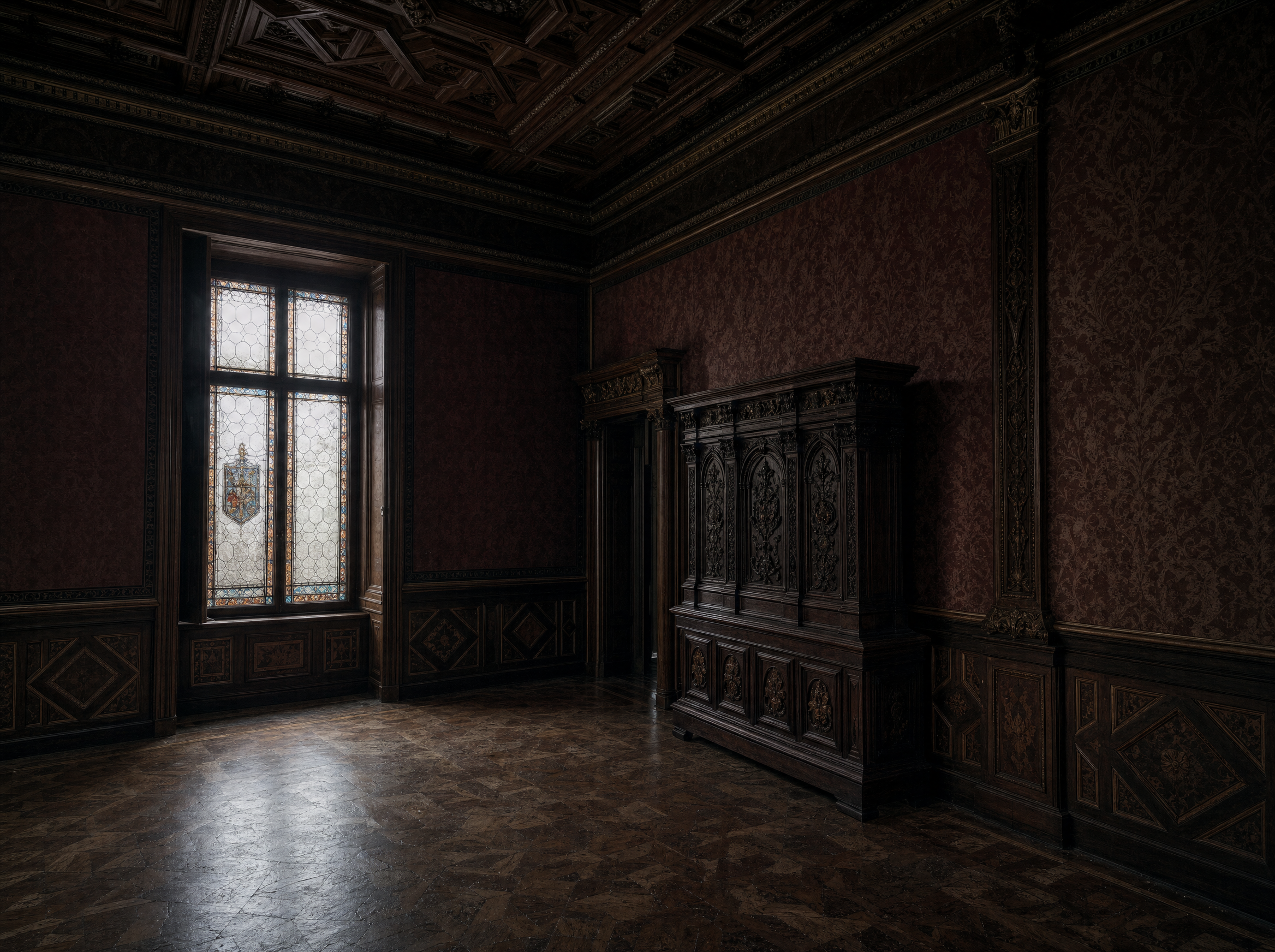 A room on the piano nobile: carved walnut coffering, inlaid panelling, damask gone brown in the dim light