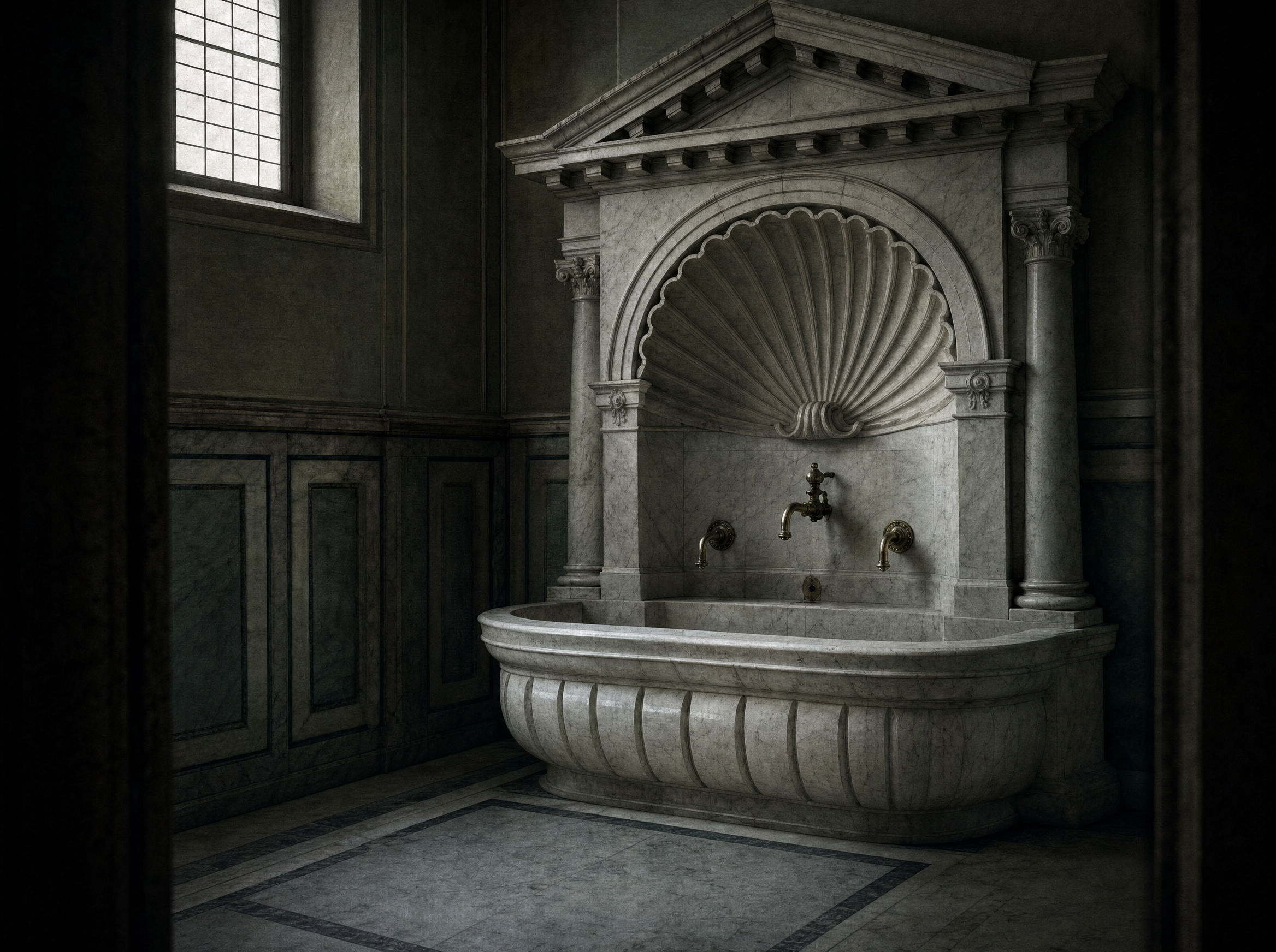 The bathroom: a marble washing-fountain with a carved shell niche, the shower concealed inside it