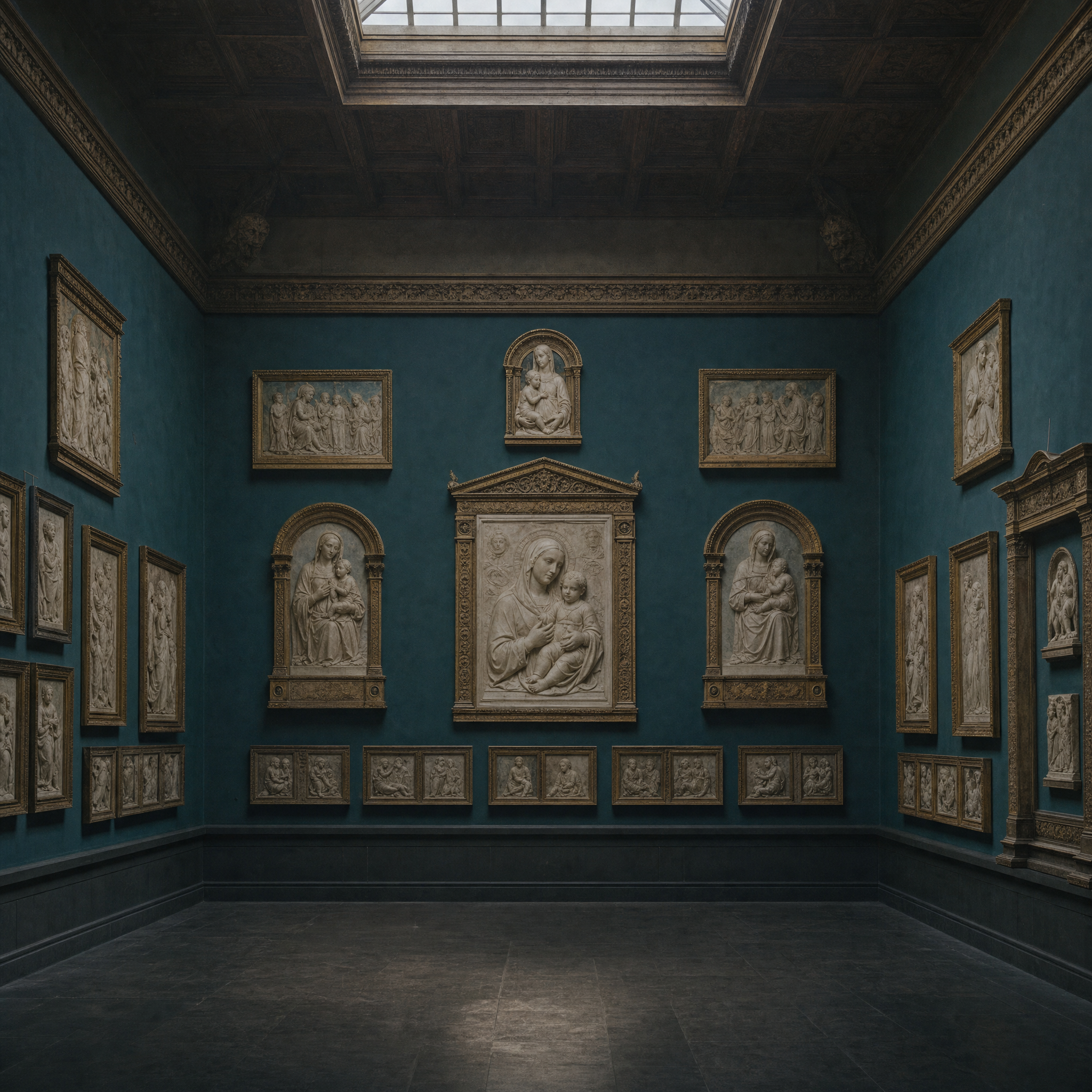 A gallery of marble reliefs hung in tiers against the blue wall, lit from a high skylight