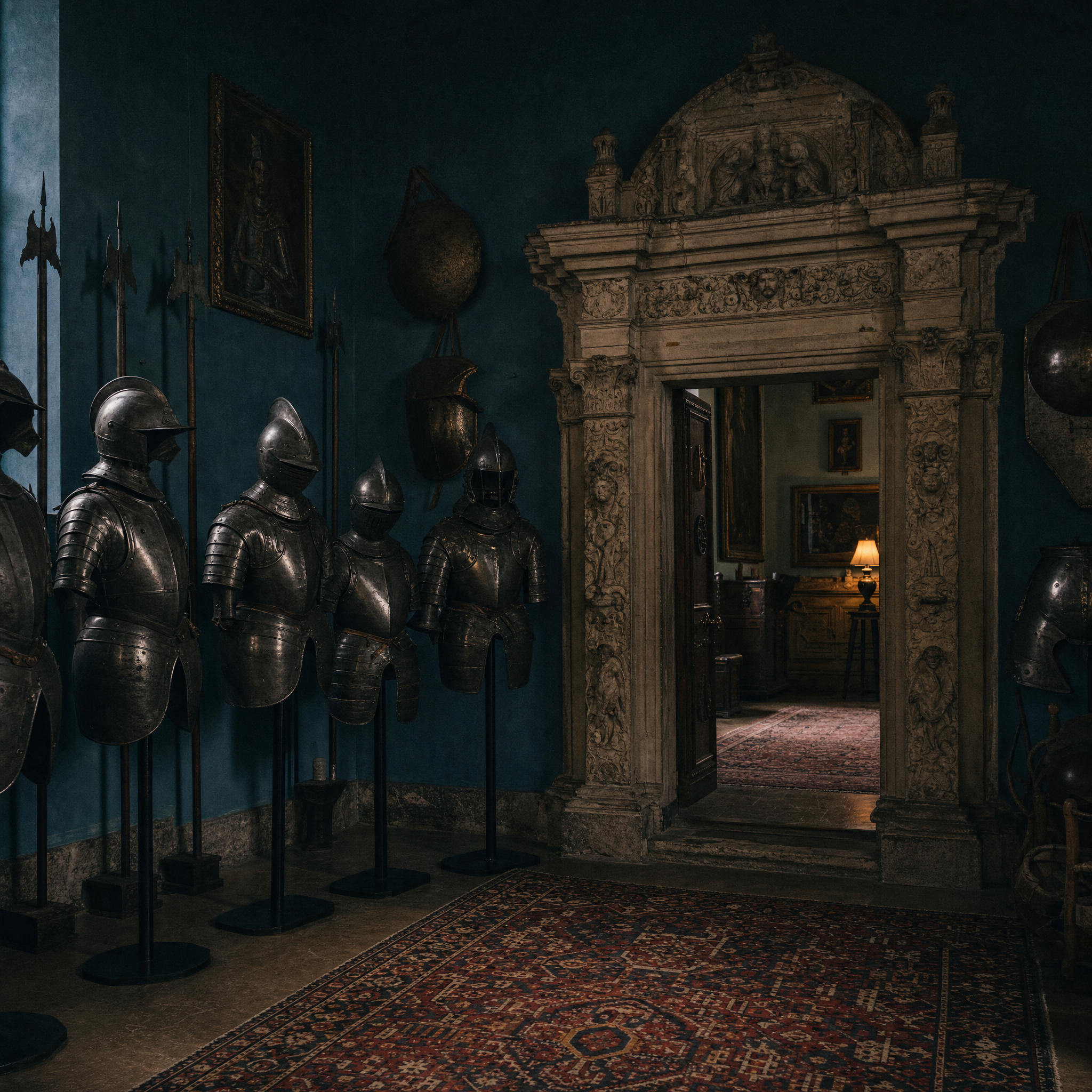 The armoury: breastplates and helmets ranked against the blue, a reused carved stone doorway beyond