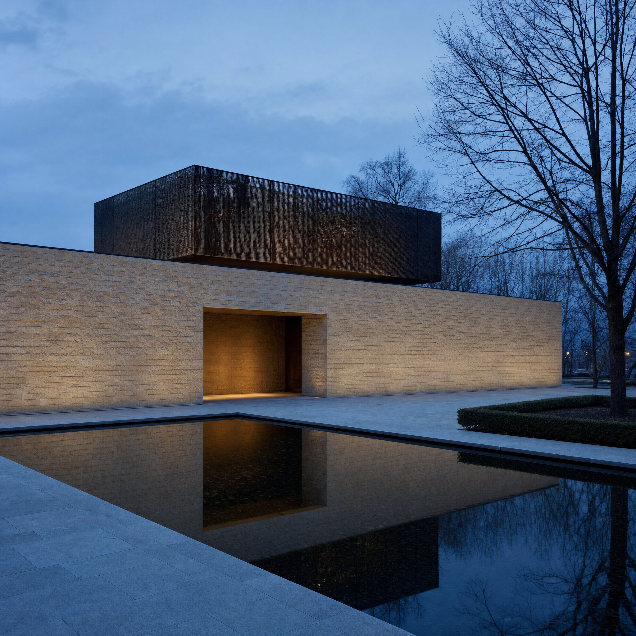 The limestone pavilion of the Barnes Foundation on the Benjamin Franklin Parkway at winter dusk, reflecting pool in the forecourt