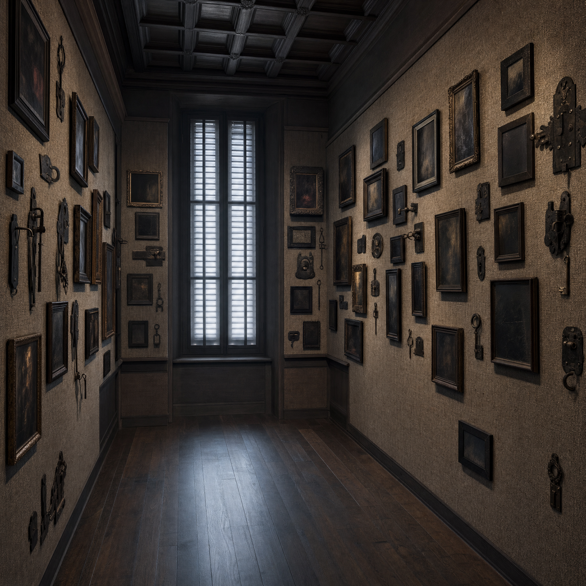 A gallery wall of burlap hung with a dense symmetrical ensemble of framed pictures and wrought ironwork