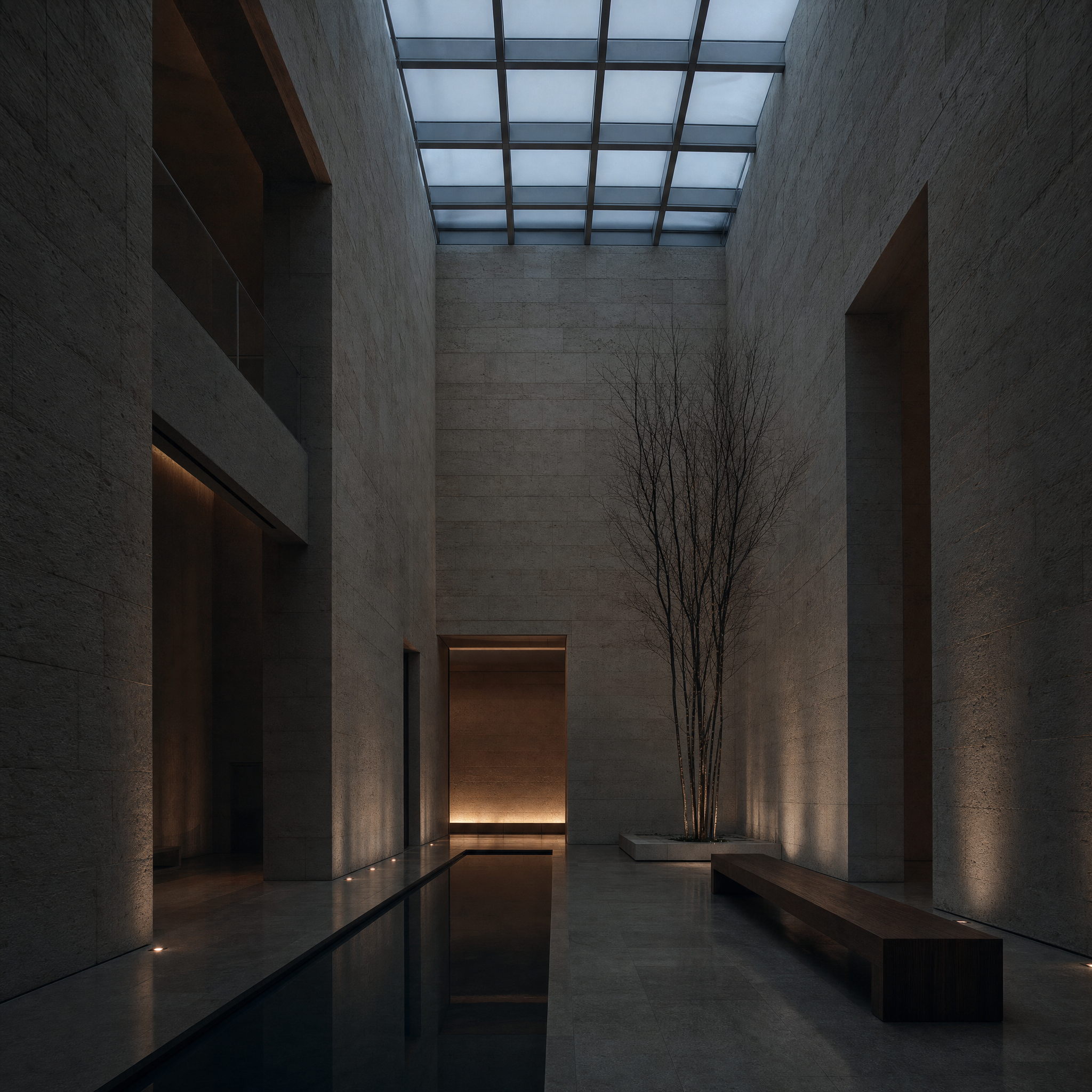 A tall quiet interior court of pale limestone under a frosted glass ceiling