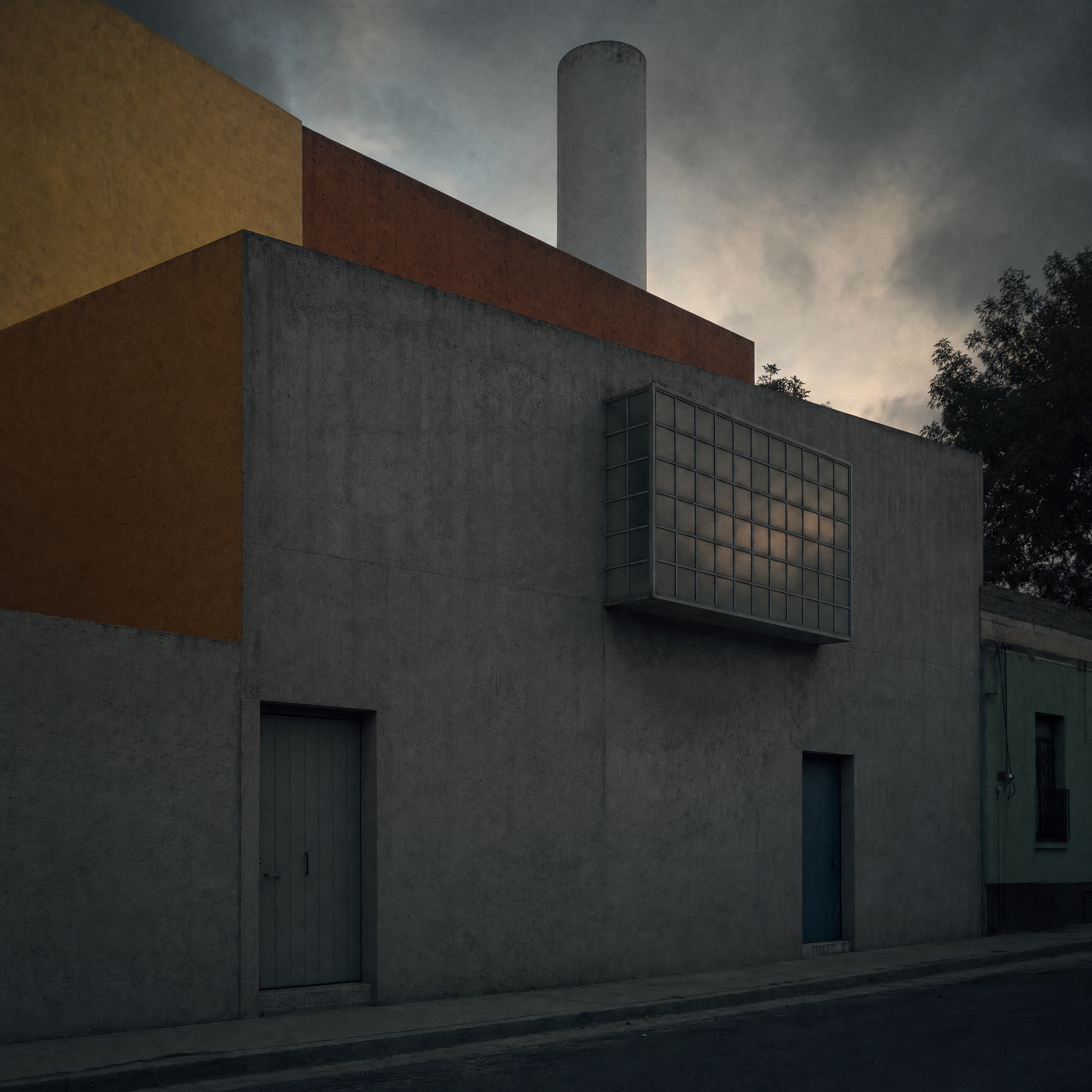 The raw cement street facade of the Casa Estudio Luis Barragán at dusk, the library's gridded window projecting above the door