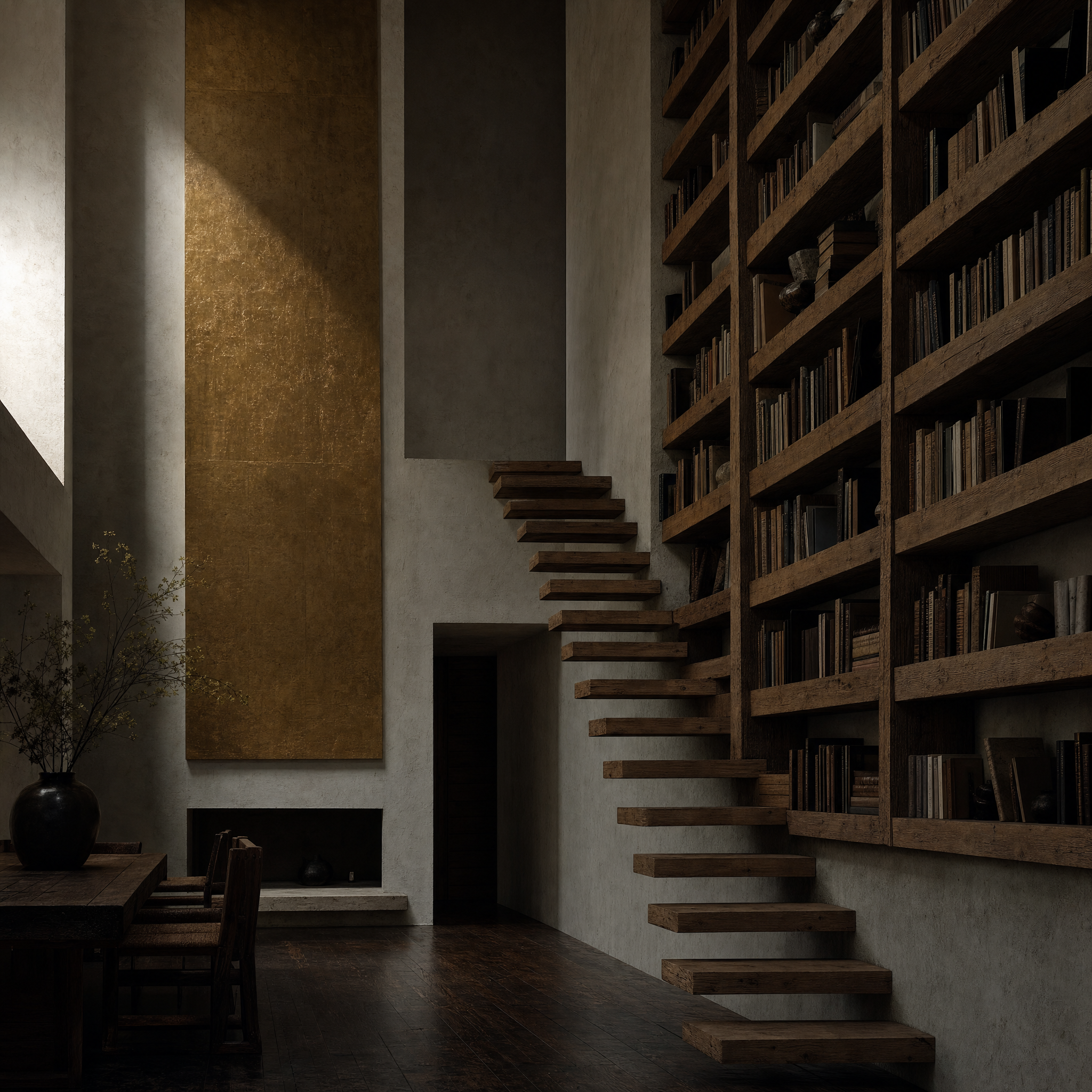 The library: pine plank shelves and a cantilevered stair of plain boards rising with no handrail