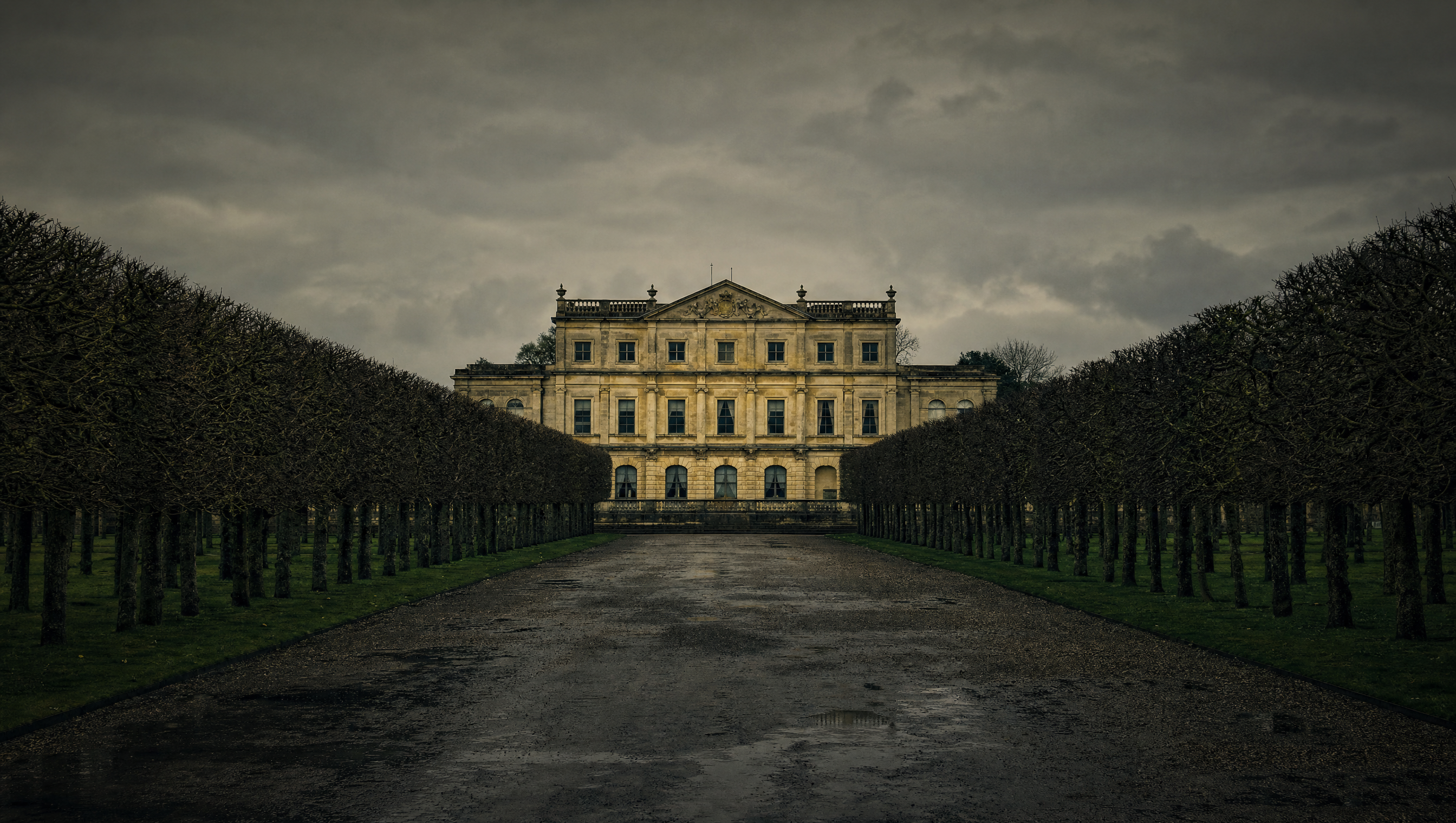 A Palladian limestone facade closing the end of a long gravel avenue of bare pleached trees under a grey April sky