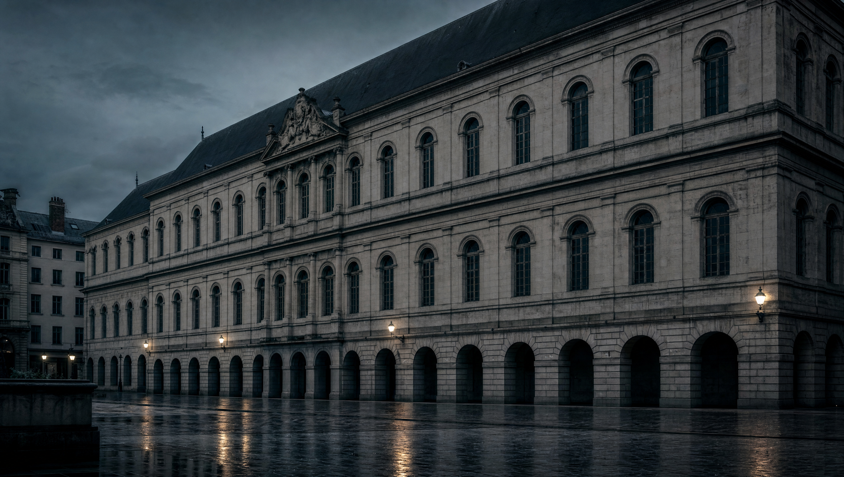 The long seventeenth-century stone facade of the Palais Saint-Pierre on the place des Terreaux at dusk, the square wet with rain