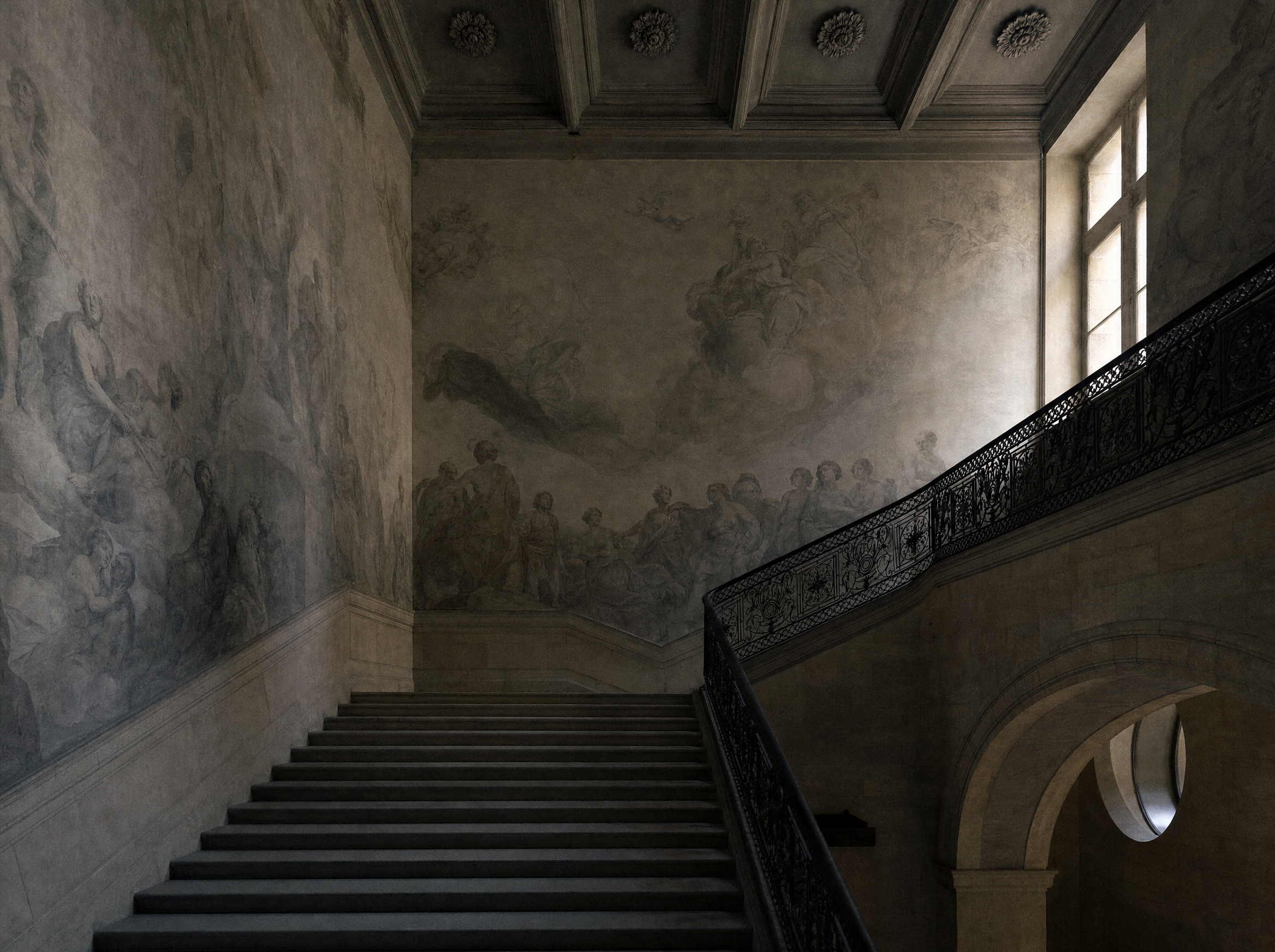 The grand painted staircase of the museum, pale murals and stone steps in dim evening light