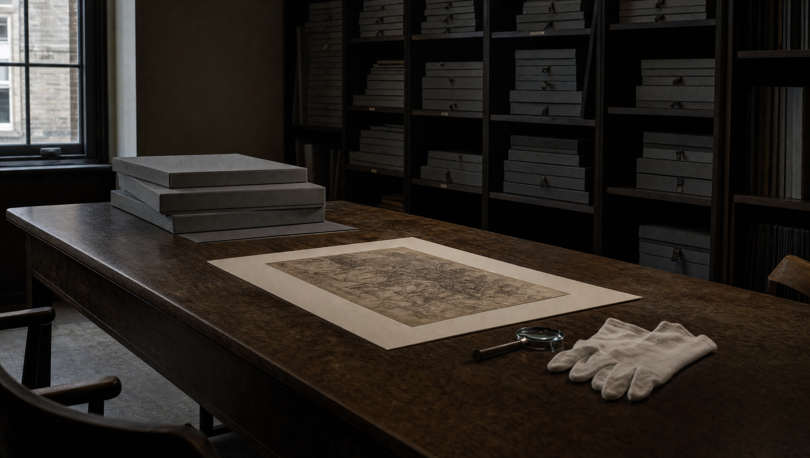 A study table in a print room, portfolio boxes and one drawing laid flat under cool daylight