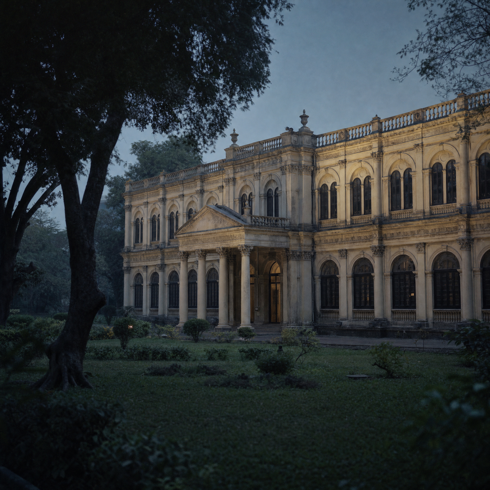The colonnaded front of the Dr Bhau Daji Lad Museum seen across the garden at dusk