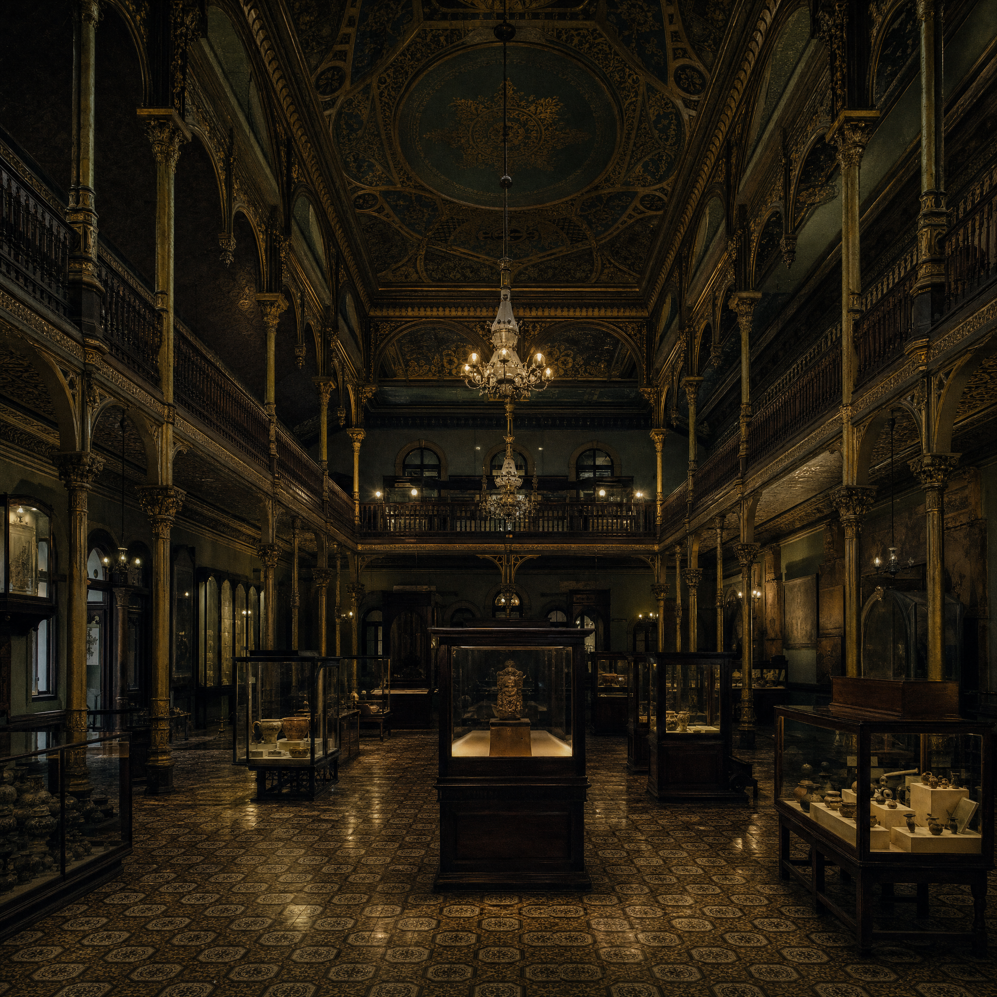 The restored double-height central hall, gilded columns and painted ceiling above rows of vitrines