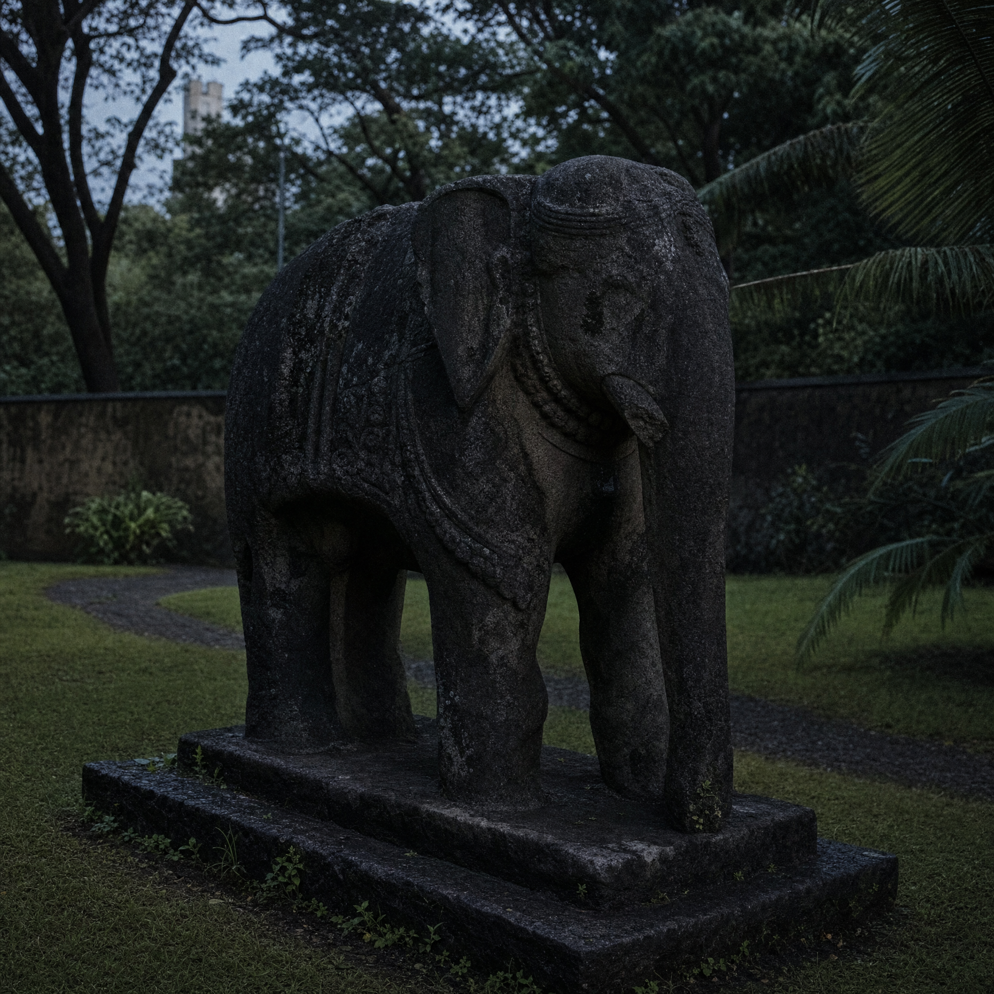 The monolithic basalt elephant from Elephanta Island on its plinth in the garden