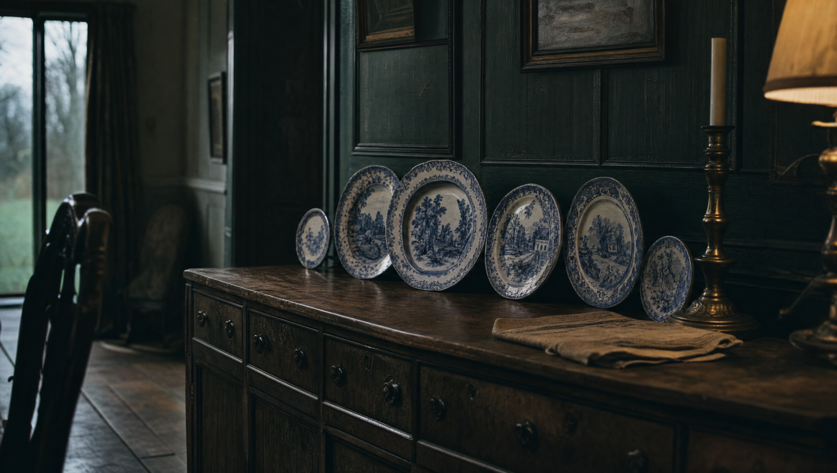 Blue and white plates propped along a dark oak sideboard at dusk
