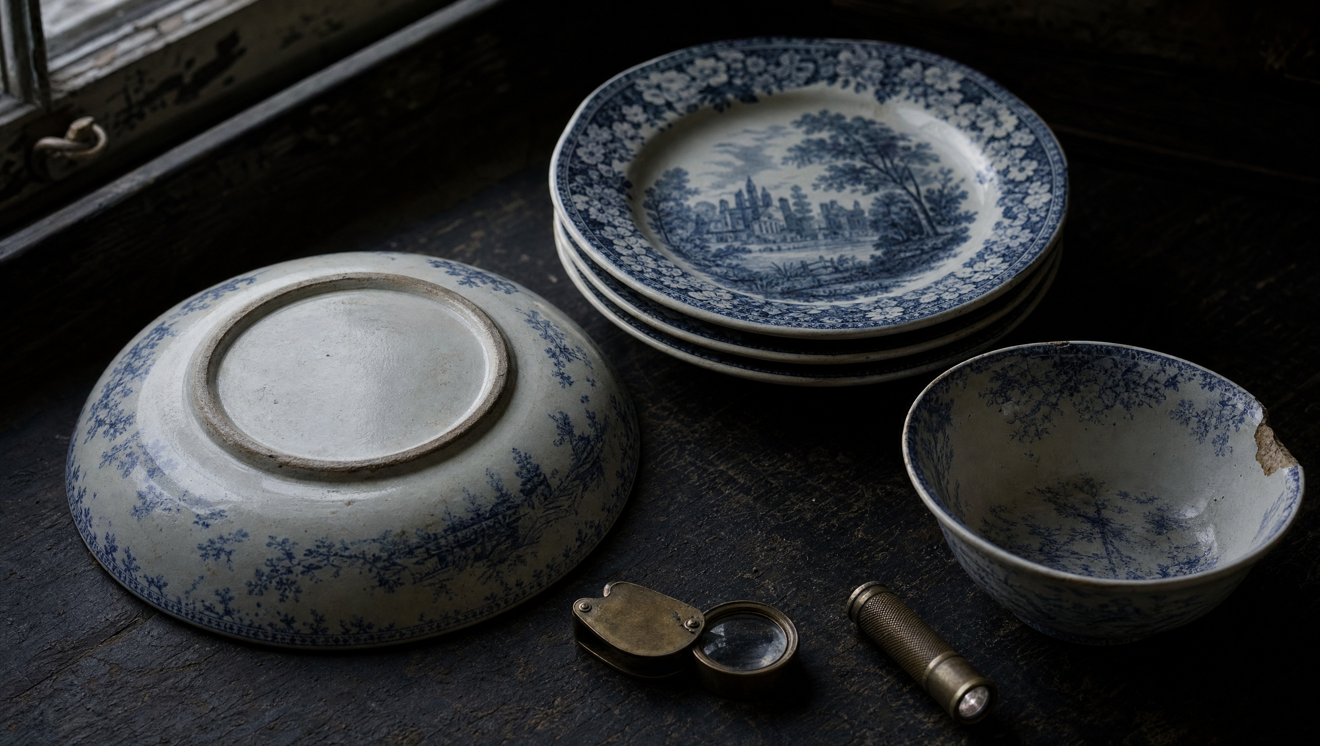 A transferware plate turned over to show its foot rim, beside a stack of plates, a chipped bowl, a loupe and a small torch