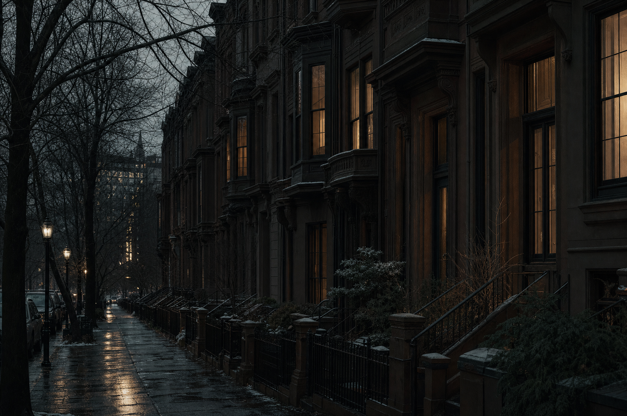 A Boston street of brownstone houses at winter dusk, bare trees and wet pavement