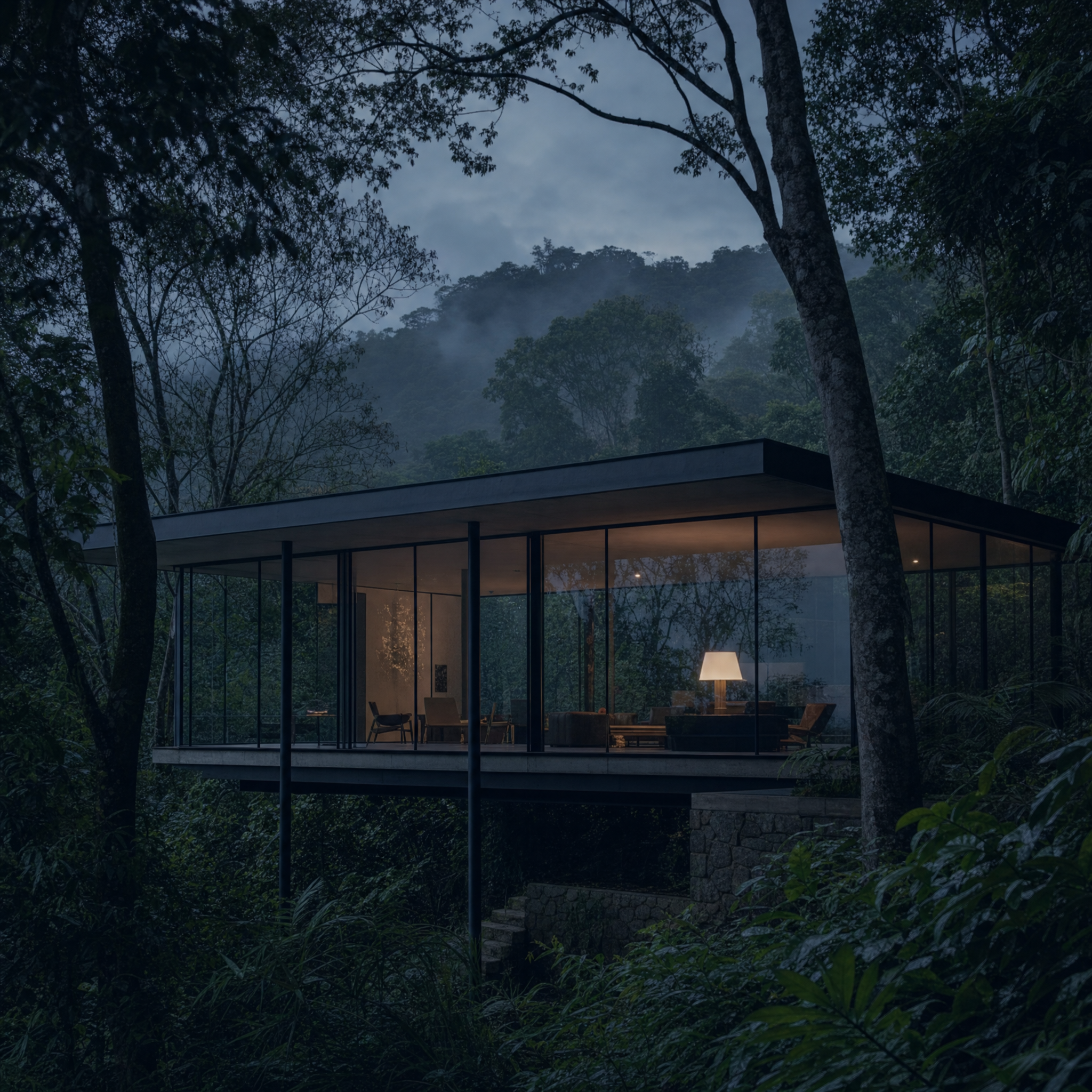 A glass-walled modernist house standing on slender columns in dense forest at dusk