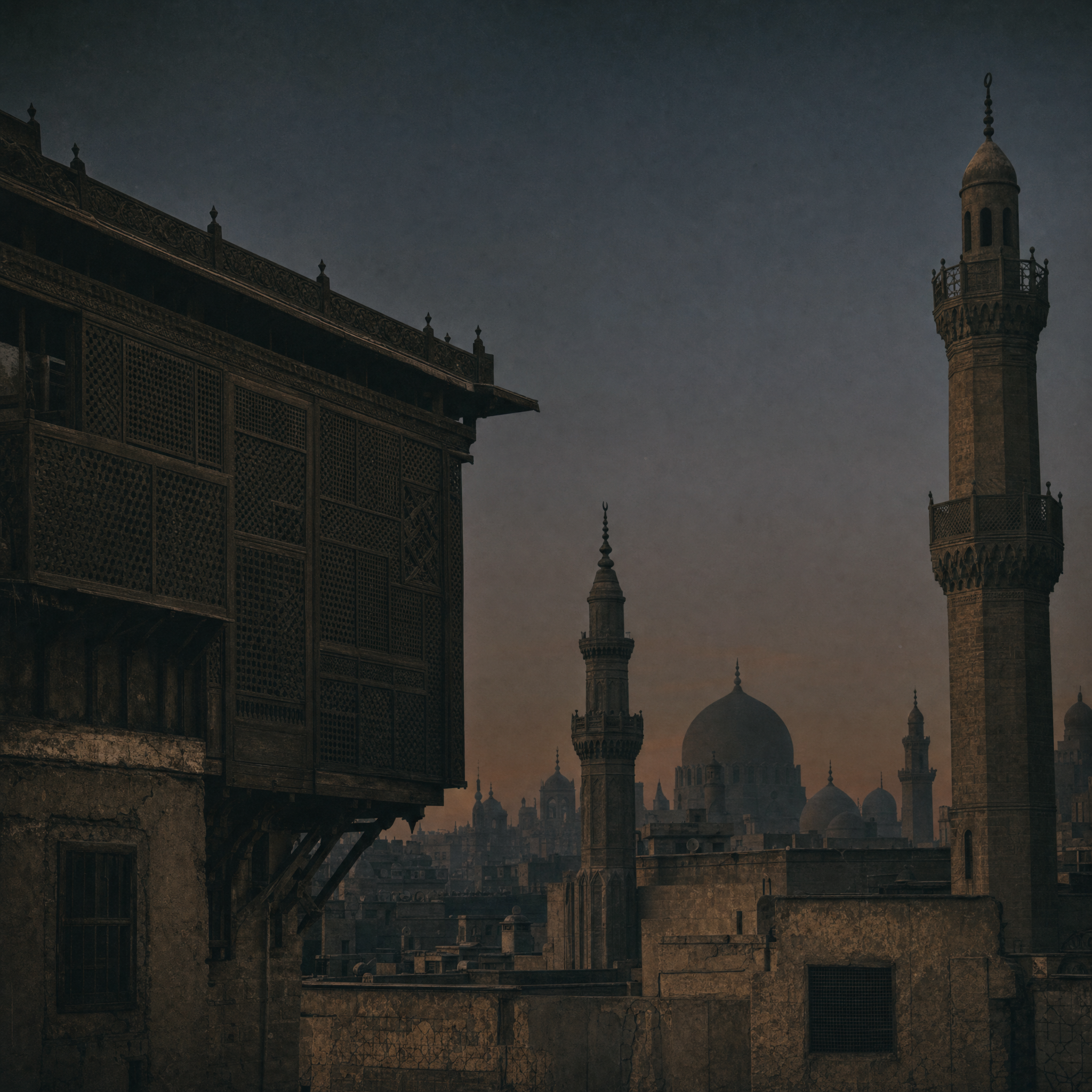 Rooftops of the old city at dusk, screened wooden windows and stone minarets against a dim indigo sky