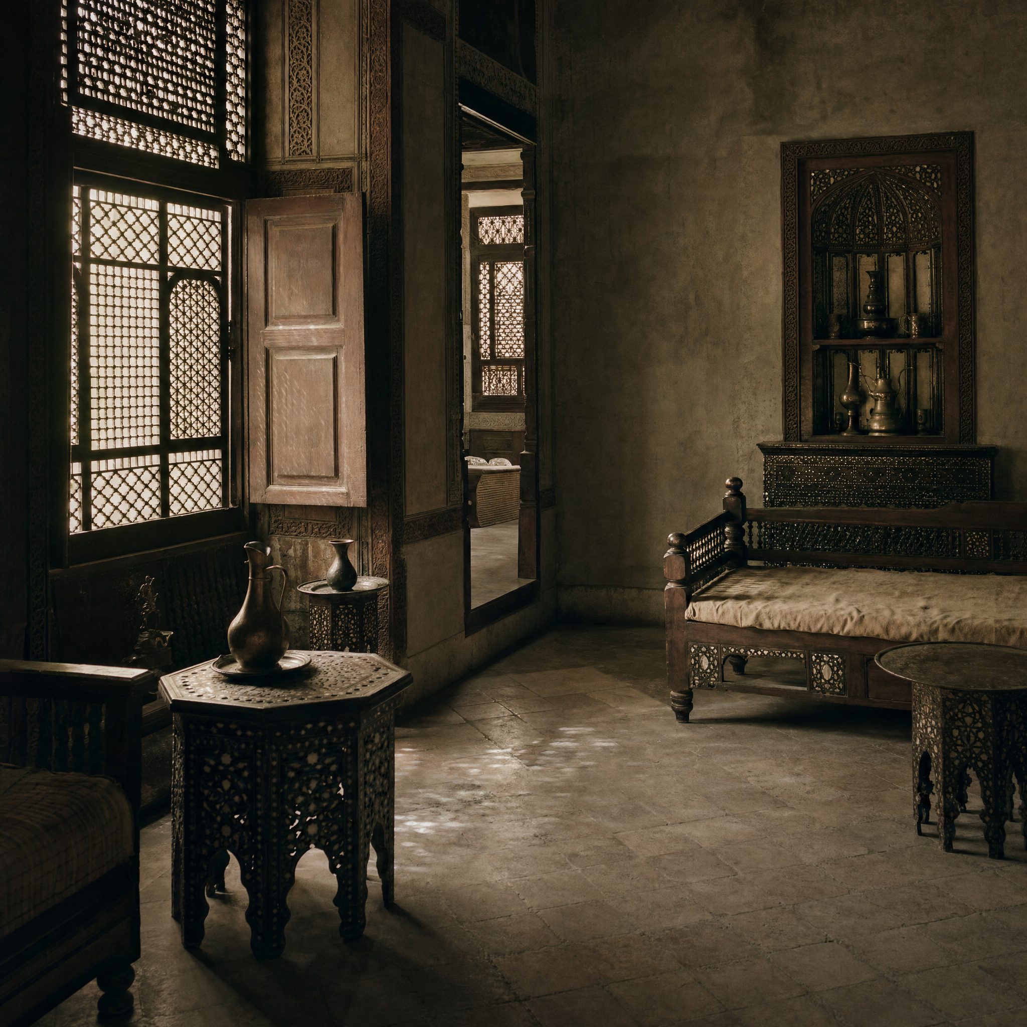 An empty room in an old Cairene house, lattice light from a carved wooden screen falling across a worn stone floor