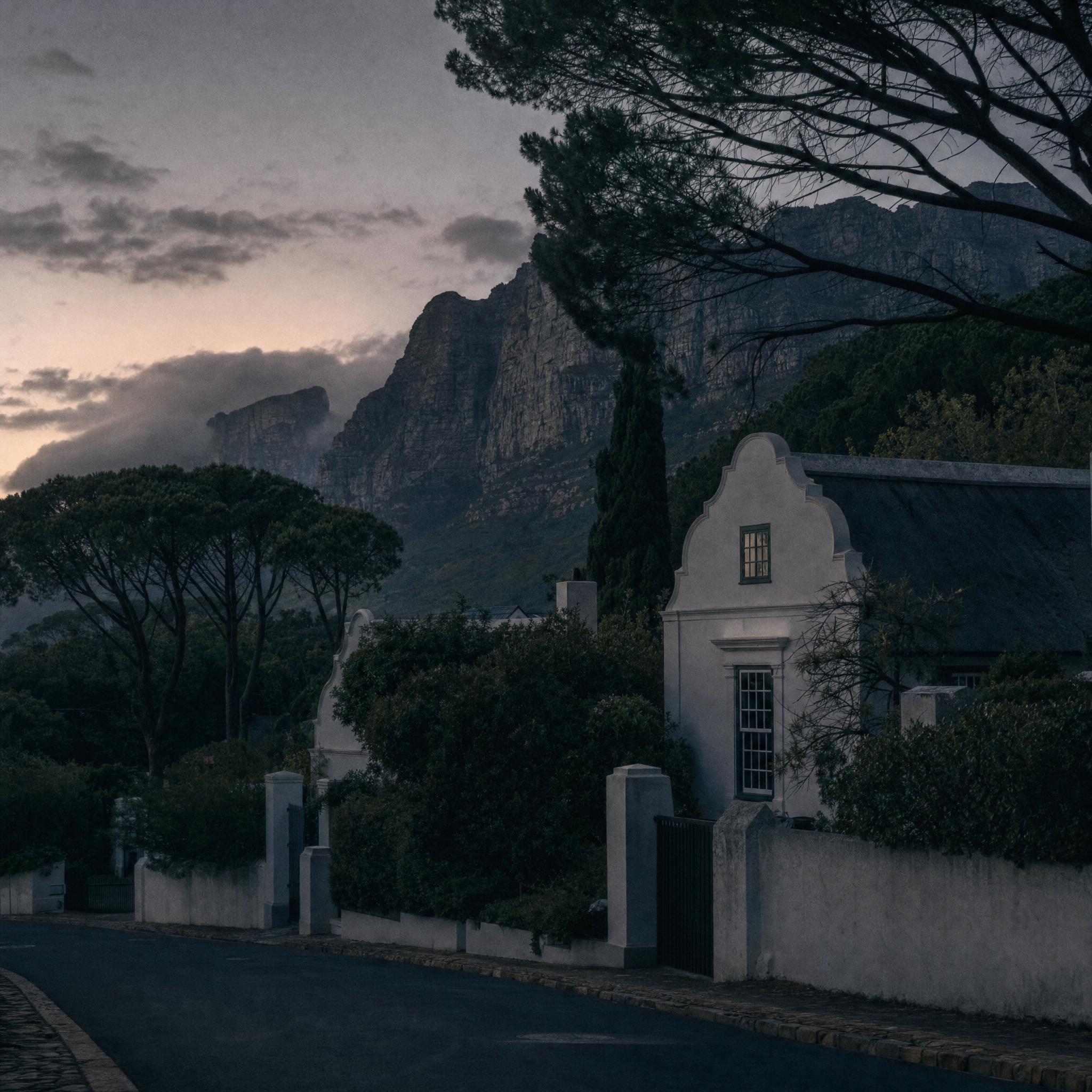 A quiet residential street on the wooded lower slopes of Table Mountain at last light, a whitewashed gable behind pines