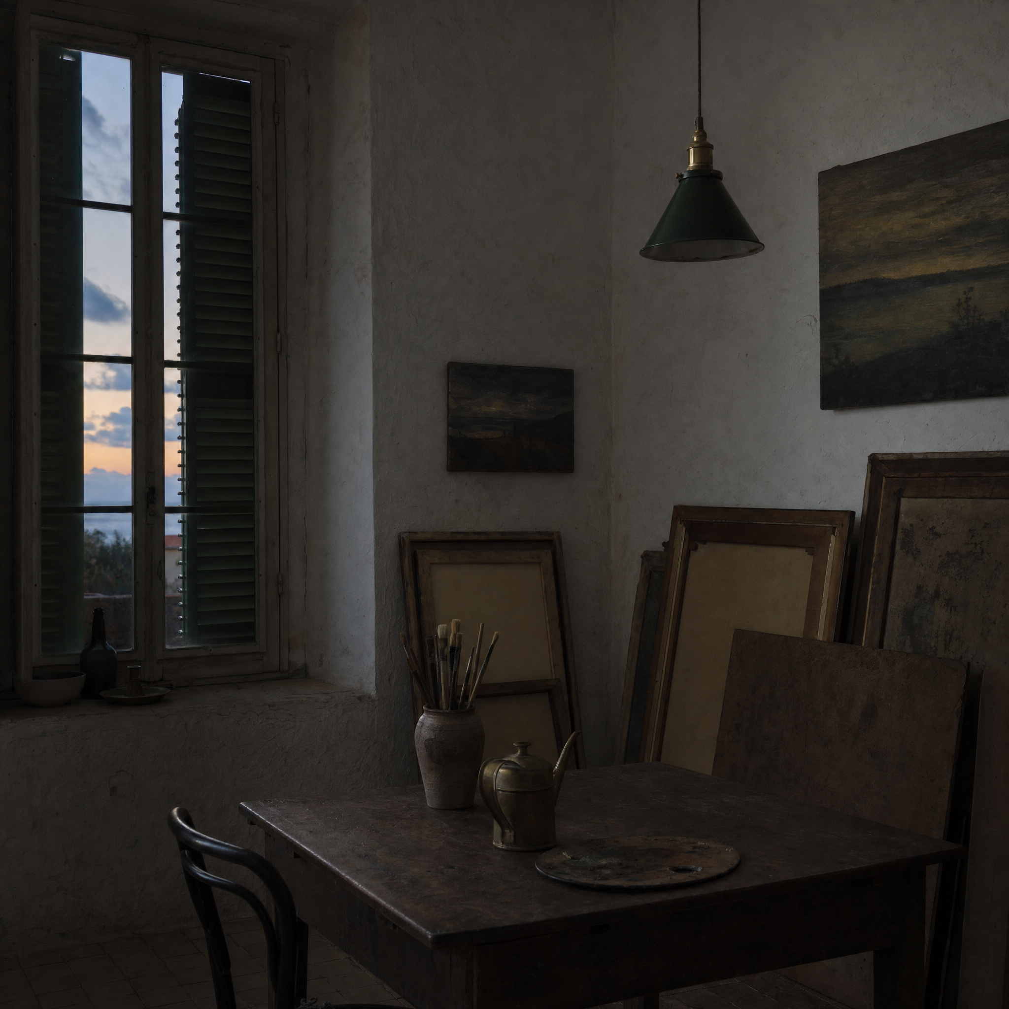 A shuttered studio at dusk, a plain work table and unframed canvases stacked against a lime-plaster wall