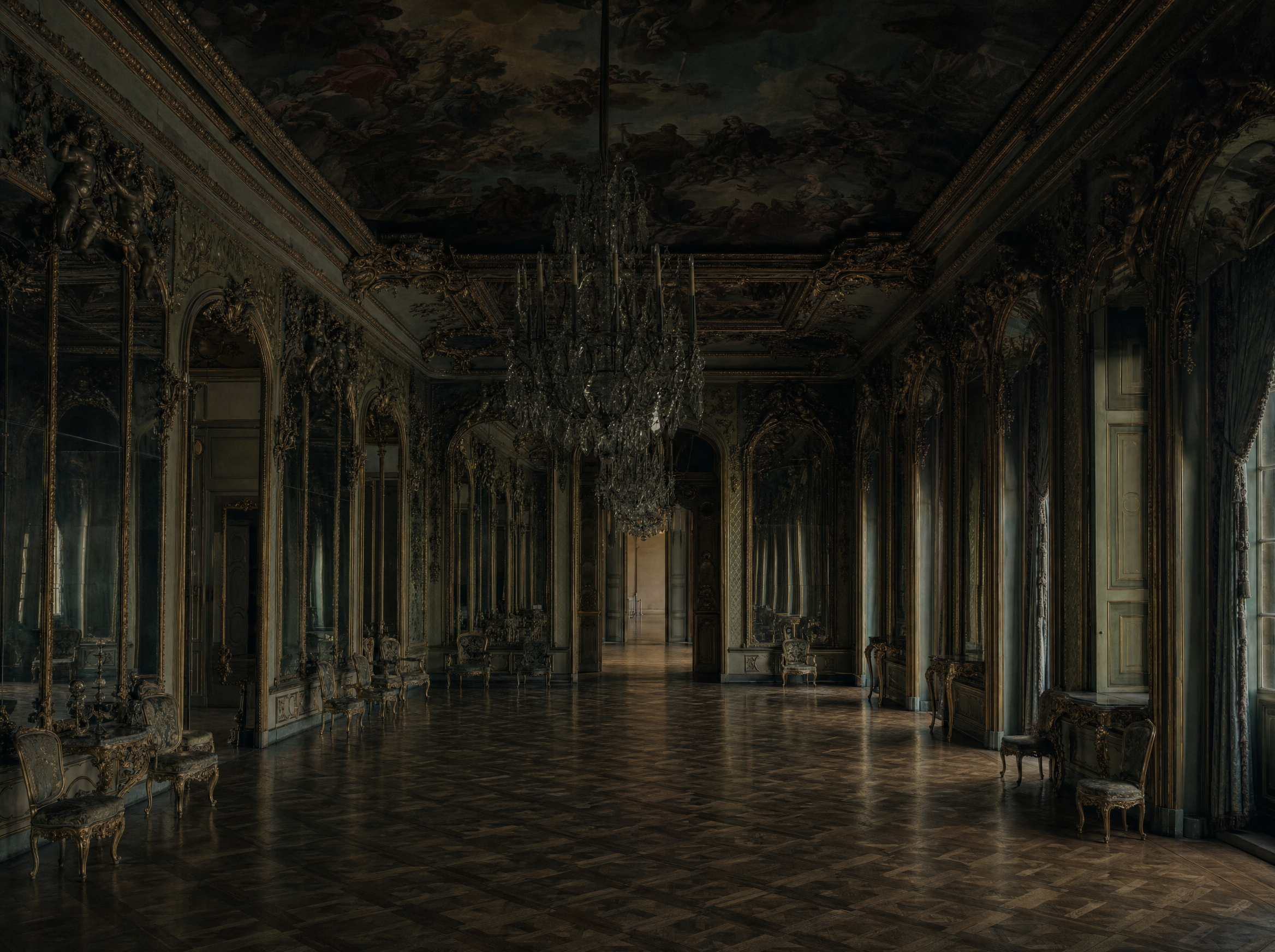 The ballroom: Venetian mirrors in gilded frames, a painted ceiling and an unlit crystal chandelier