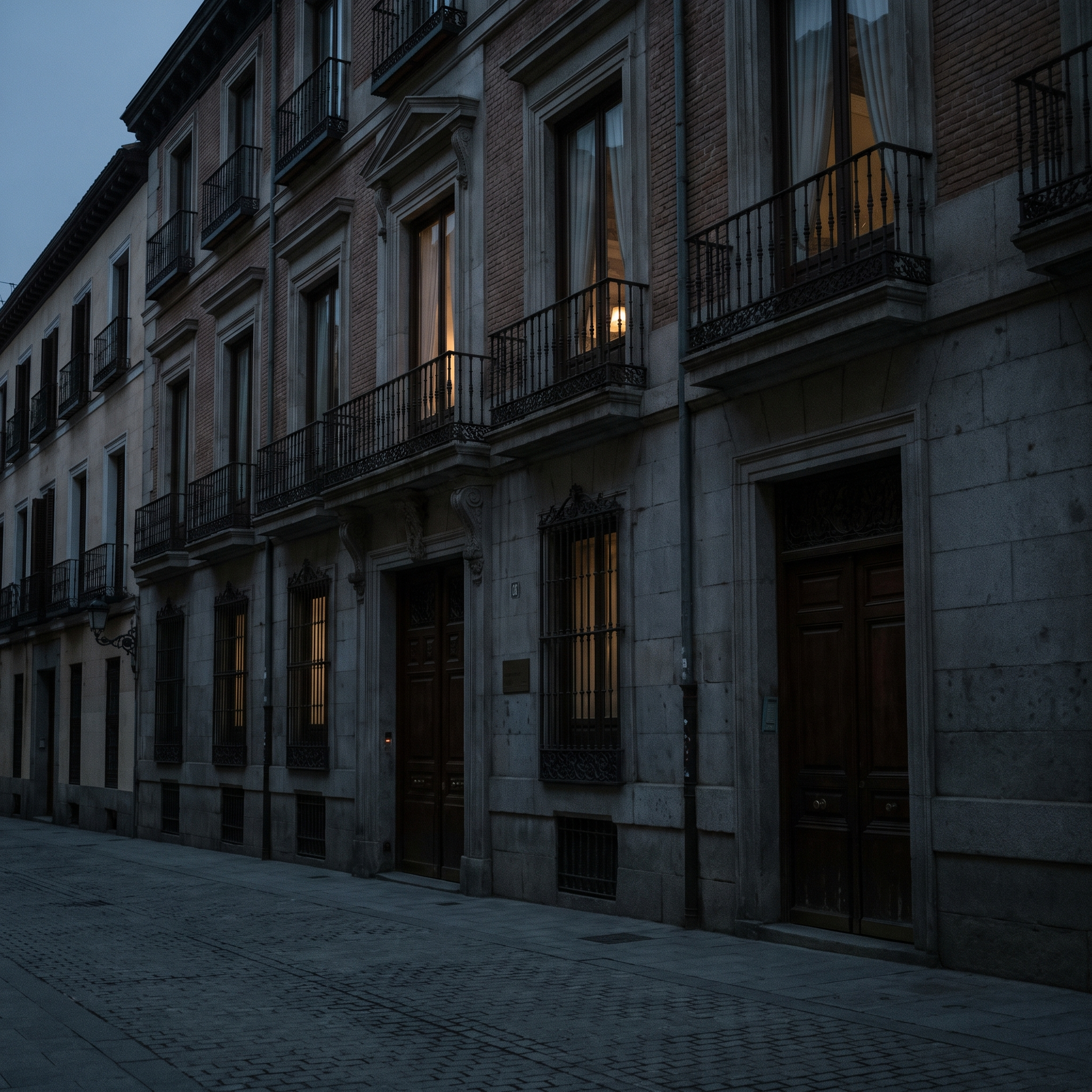 The palace facade on its narrow street at dusk