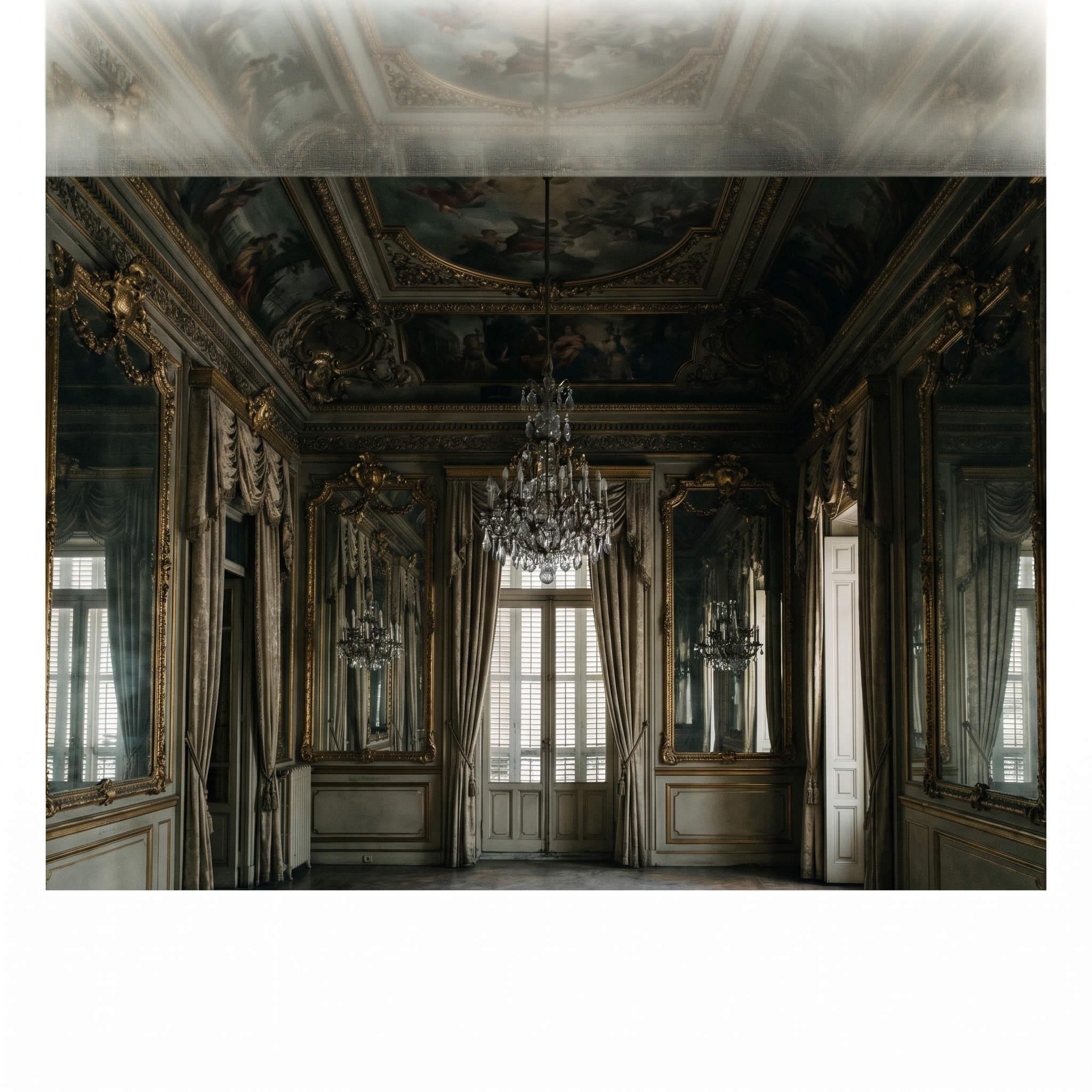 The mirrored and gilded ballroom under its painted ceiling