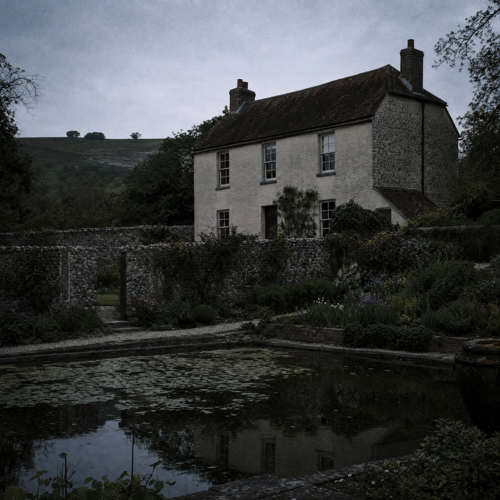The farmhouse at Charleston seen across its pond at dusk, walled garden and downland beyond