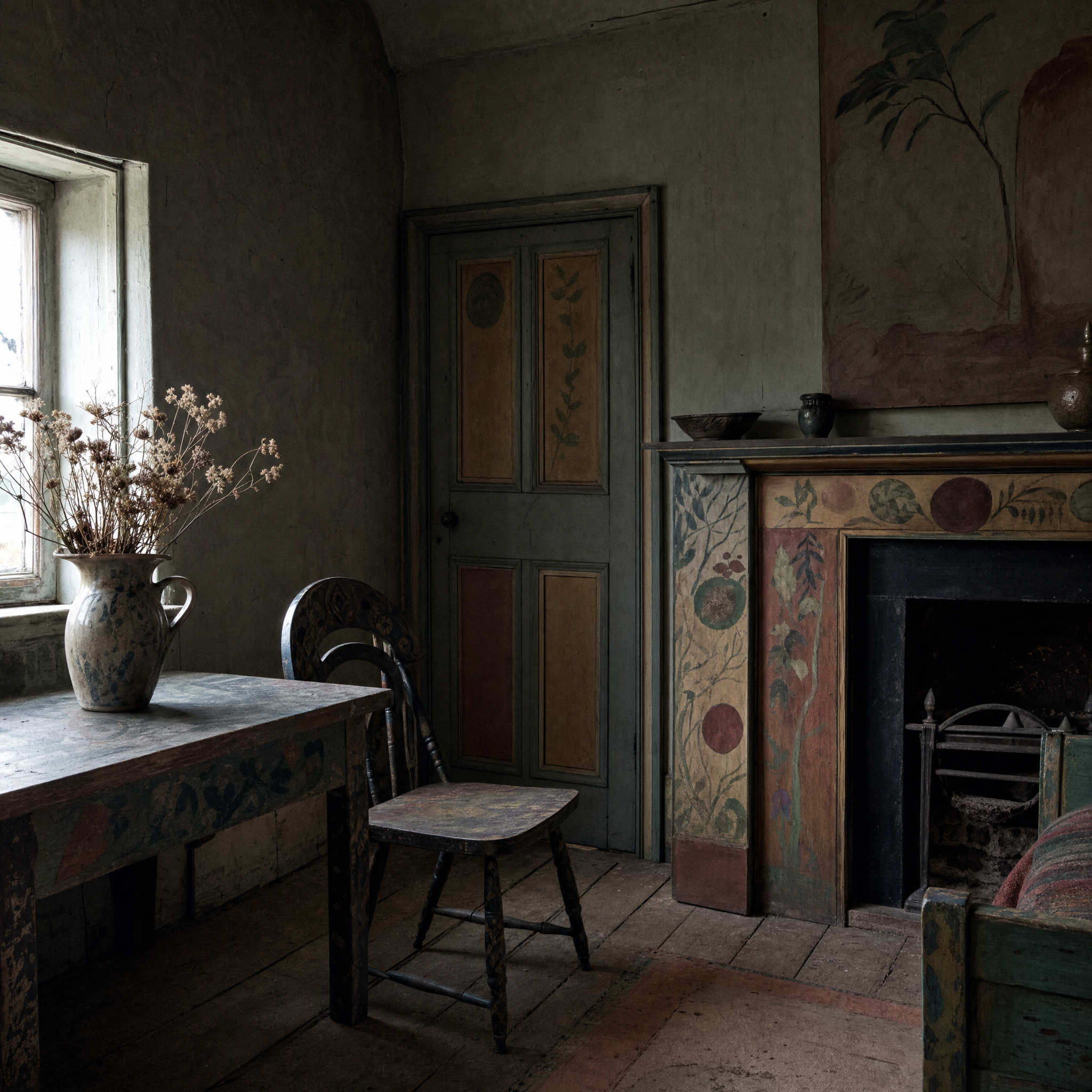 A painted door panel and fire surround in a chalky farmhouse room