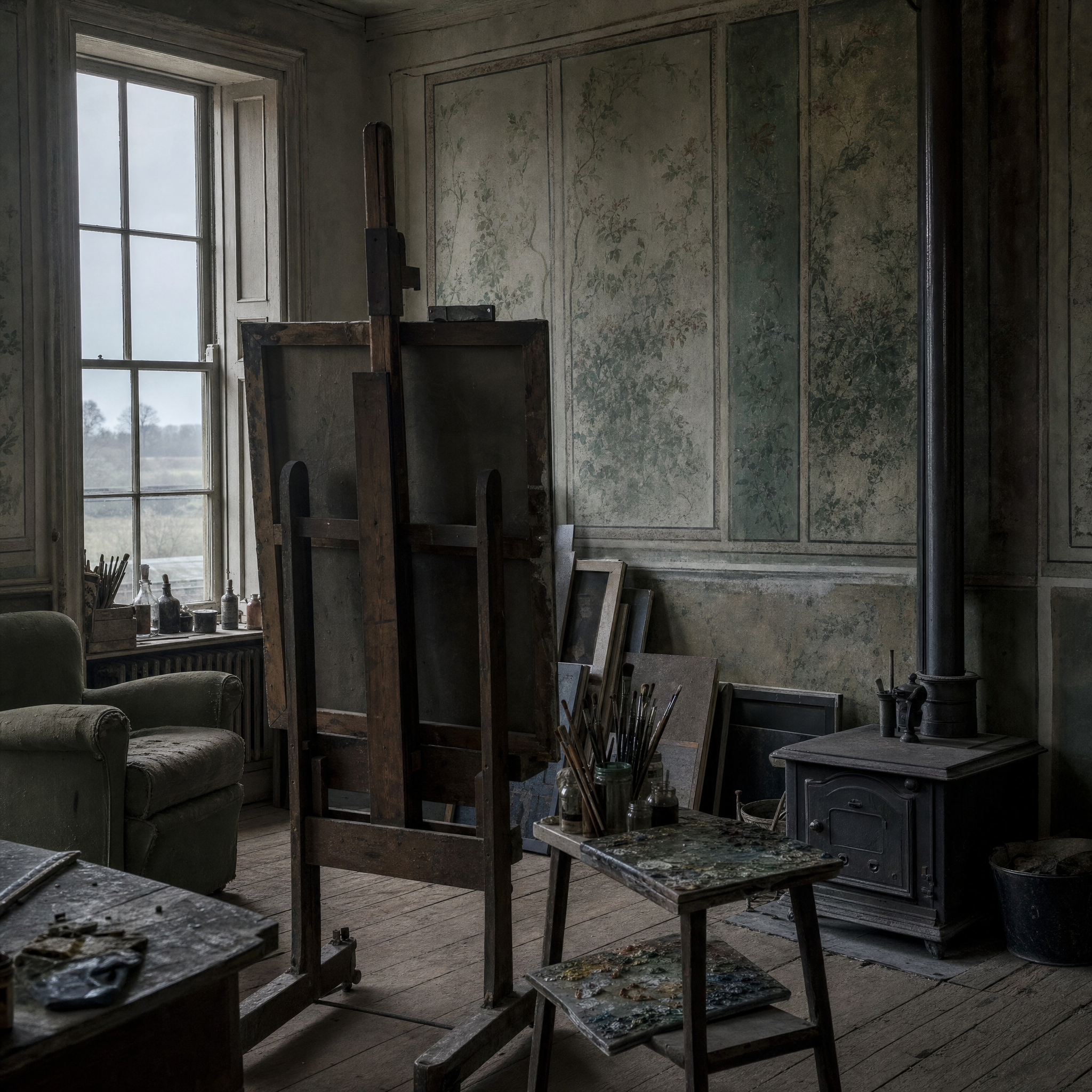 The studio: north window, easel, stove, jars of brushes