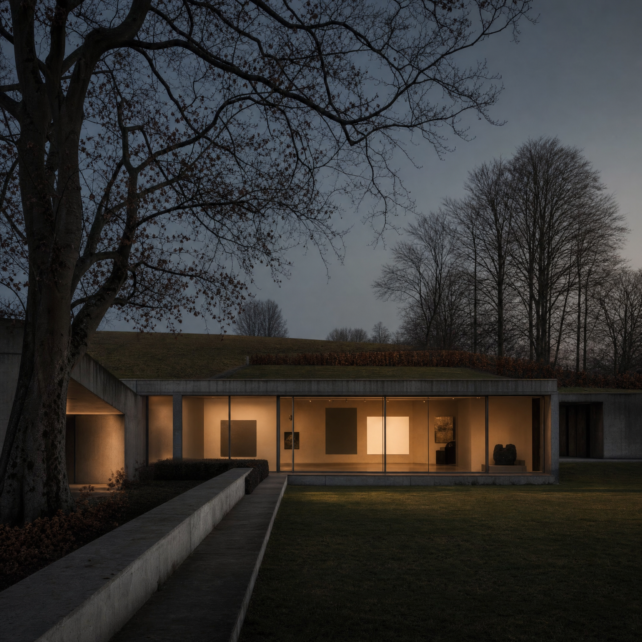 A low concrete and glass gallery pavilion set into Danish parkland at blue hour, bare trees and clipped lawn