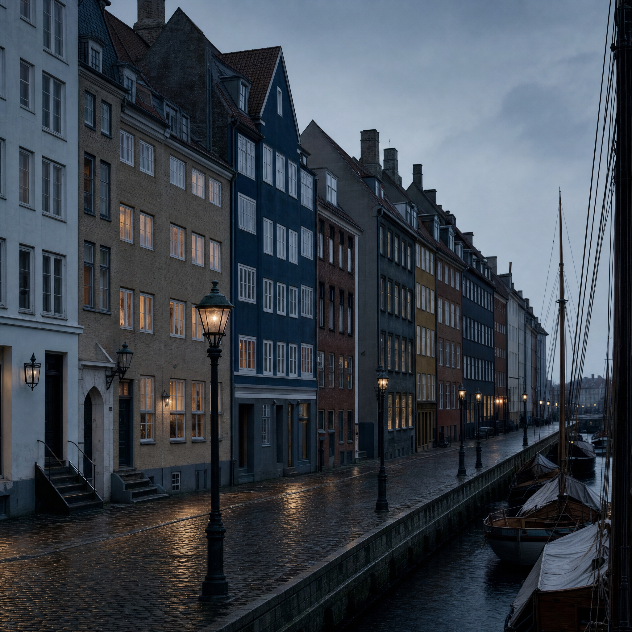 A Copenhagen canal-side street of tall narrow townhouses in cool northern twilight, wet cobbles
