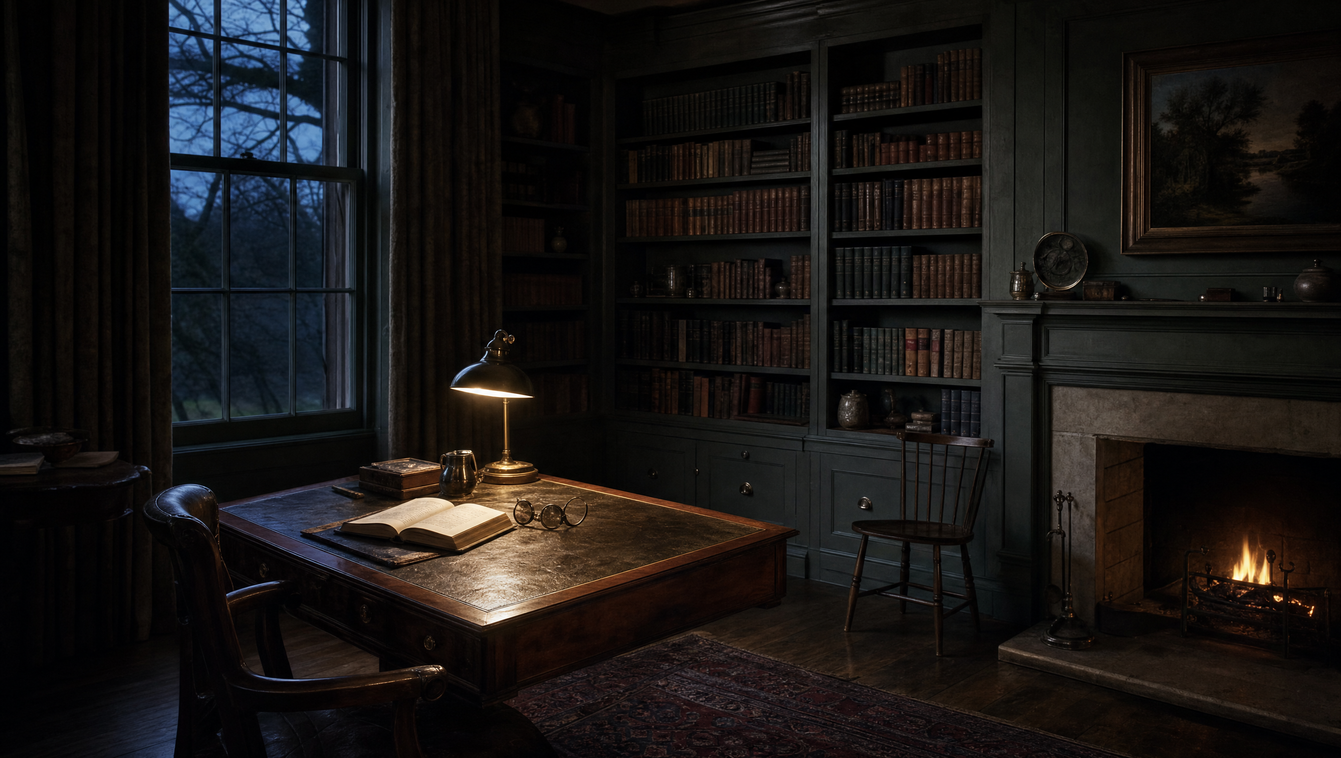 The study at dusk, one lamp lit on the writing table, fire in the grate