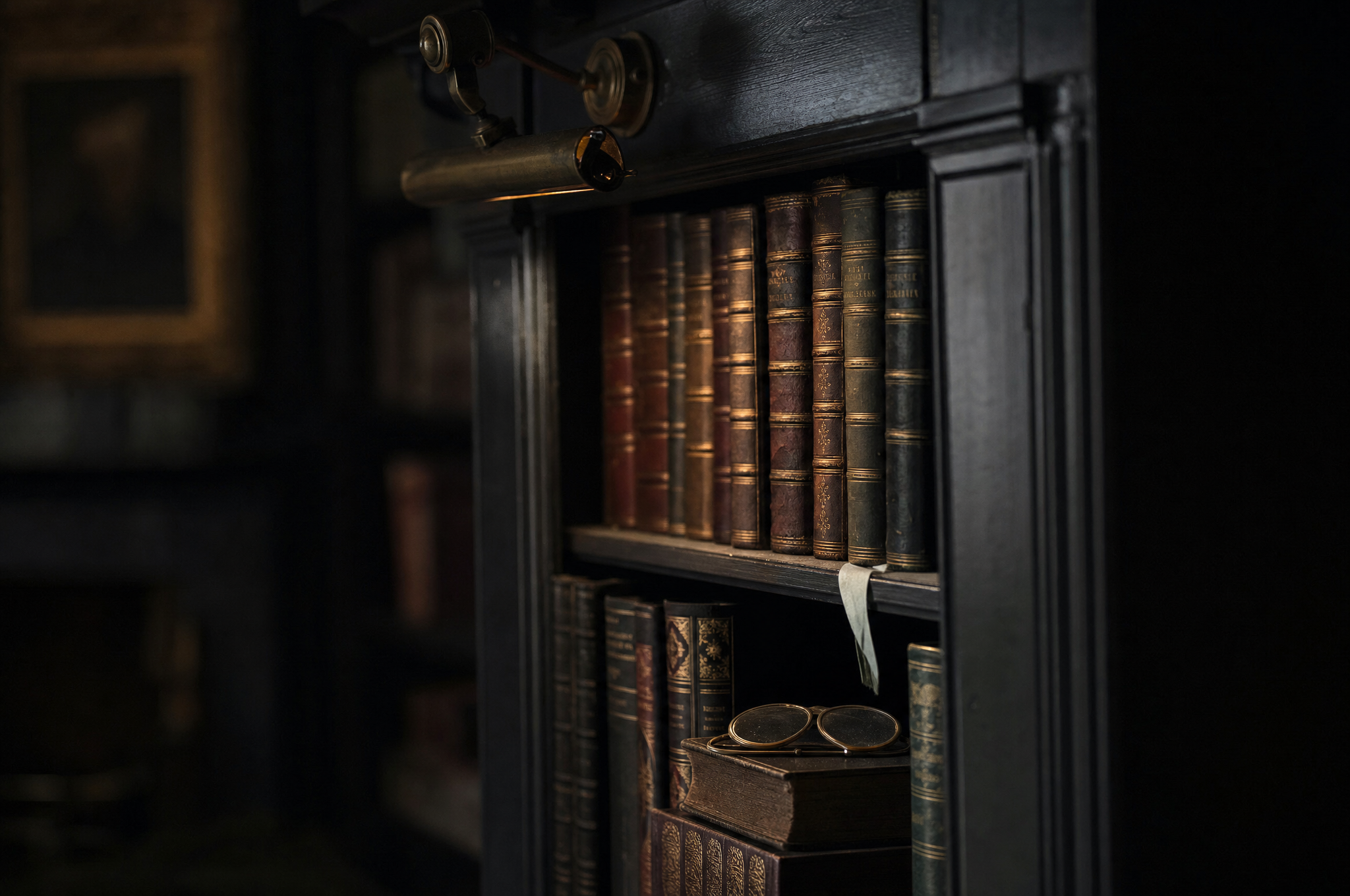 Book spines under a brass picture light in the dark study