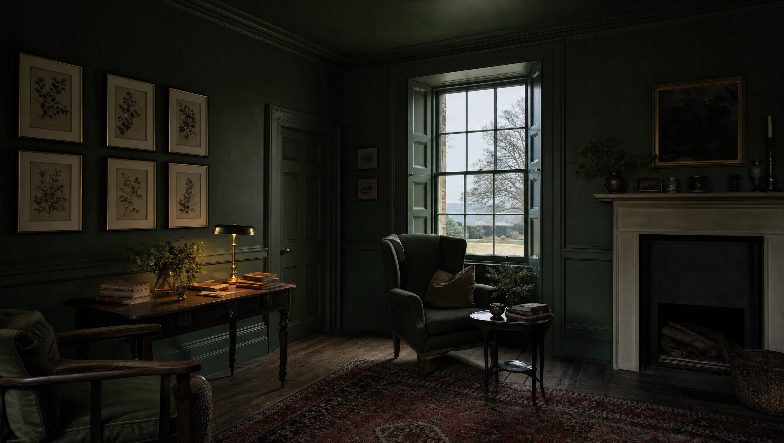 A manor sitting room painted one colour throughout, walls, shutters, doors and ceiling alike, at dusk