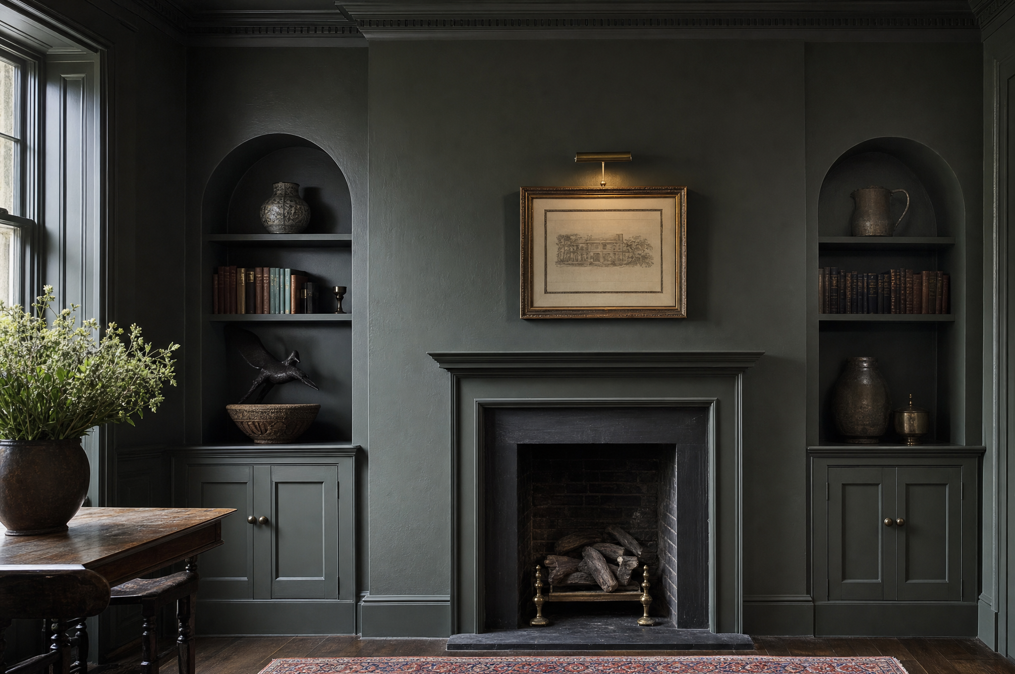 A chimney breast and its alcoves painted the same dark green as the surrounding room