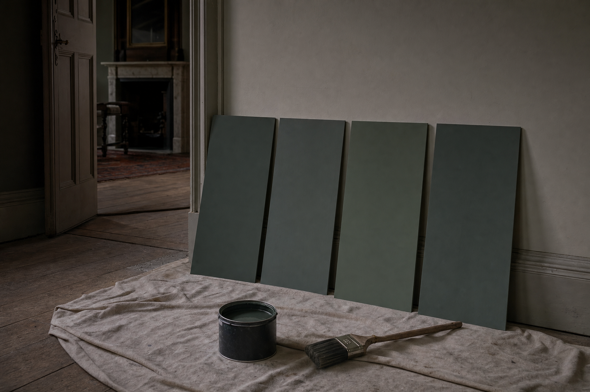 Four large painted sample boards leaning against a skirting board with a tin of flat paint and a sash brush