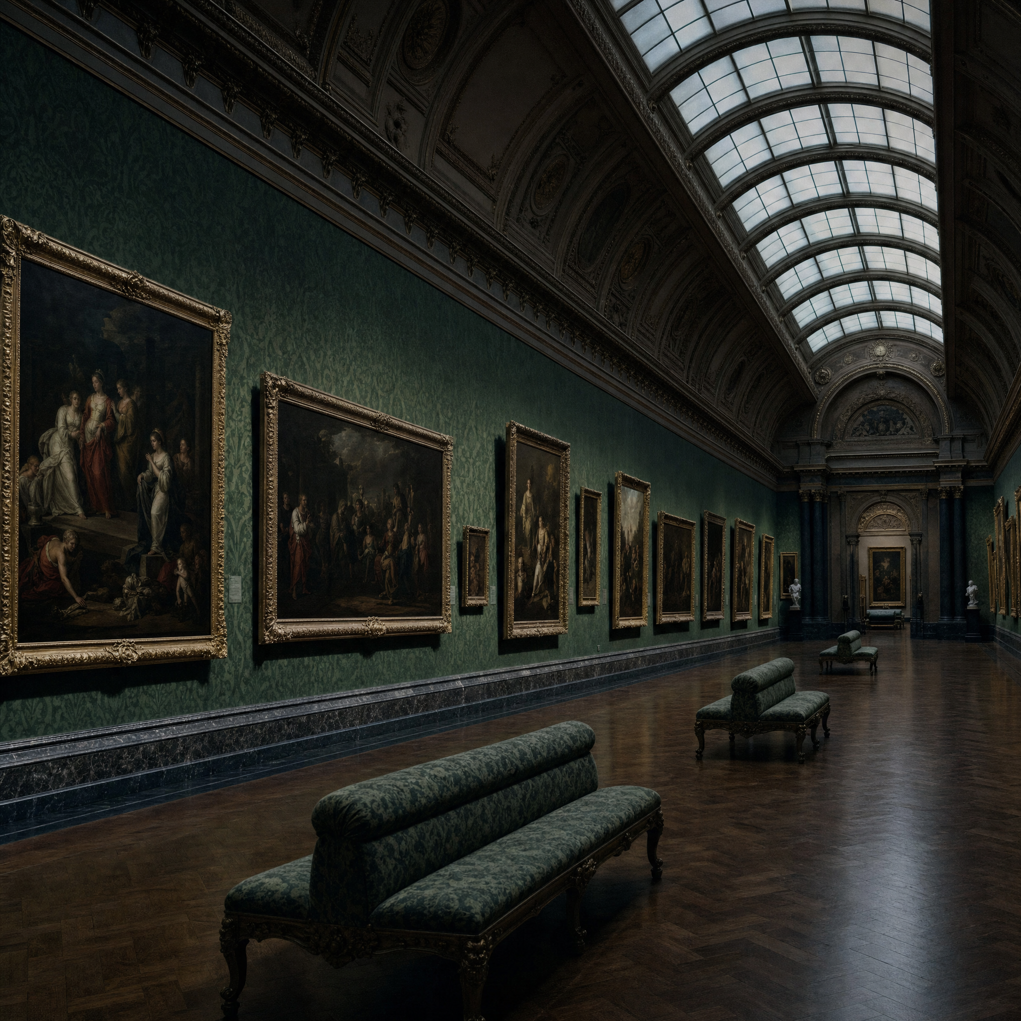 A long skylit picture gallery with damask walls and old master paintings in gilt frames